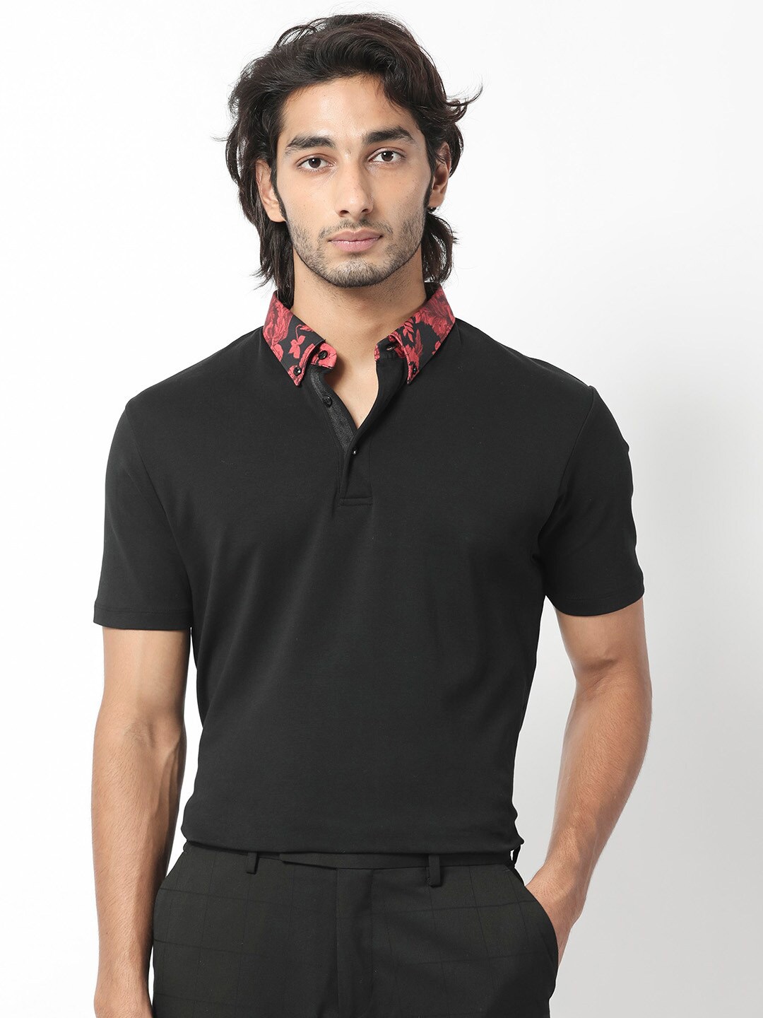 

RARE RABBIT Men Rings-4 Slim Fit Solid Polo Collar T-Shirt, Black