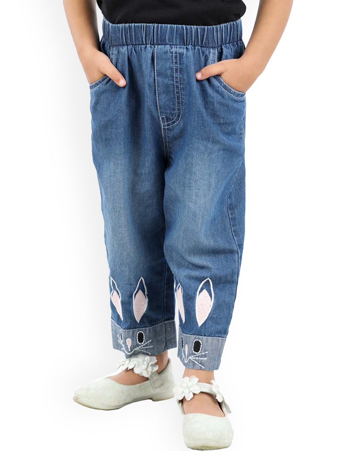 

Budding Bees Girls Mid Rise Light Fade Embroidered Jeans, Blue