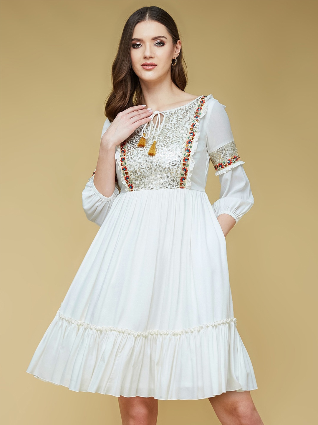 

DressBerry Off White Puff Sleeves Embellished Fit & Flare Dress