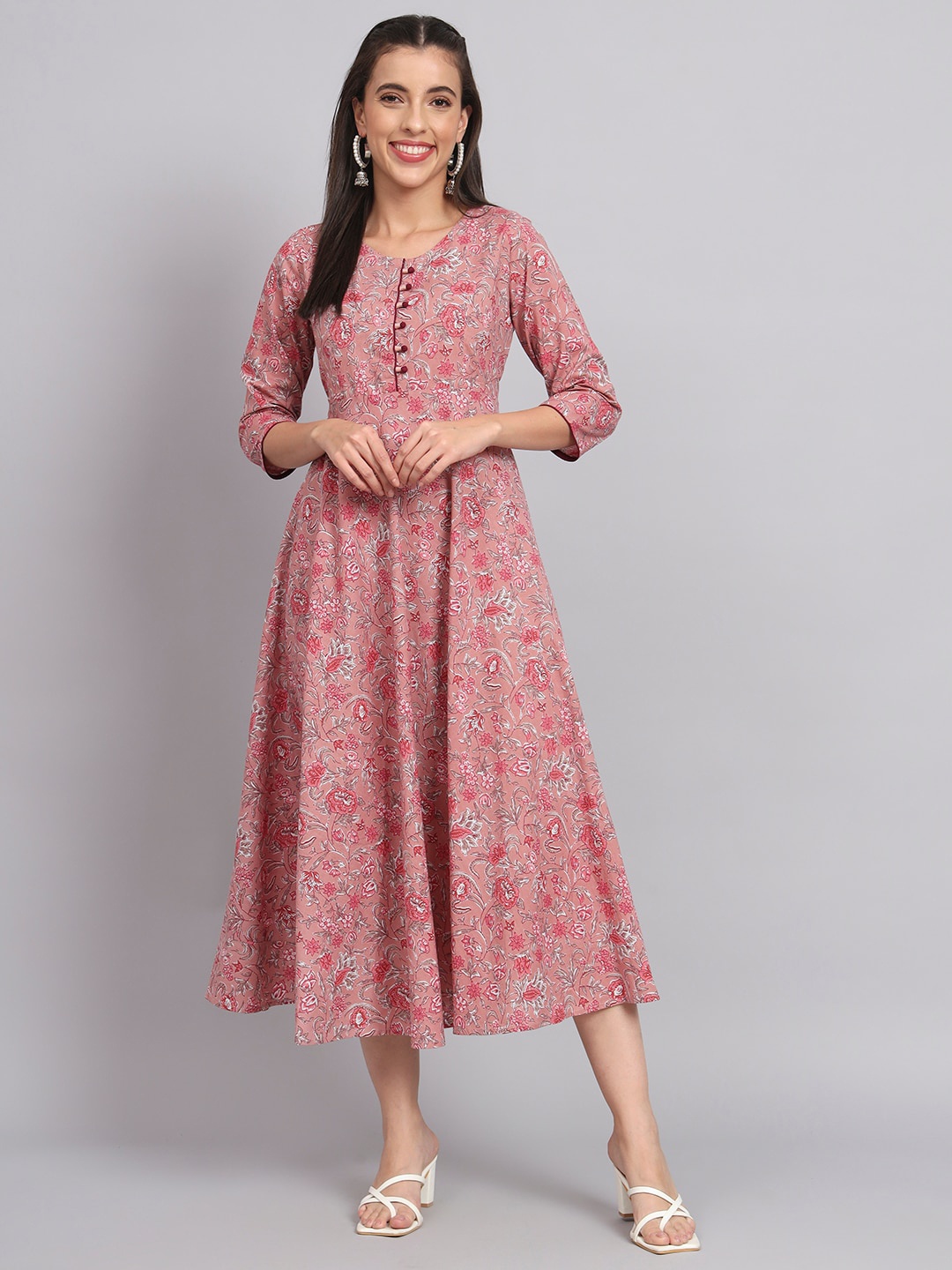 

RANGMAYEE Floral Printed A-Line Cotton Ethnic Dress, Pink