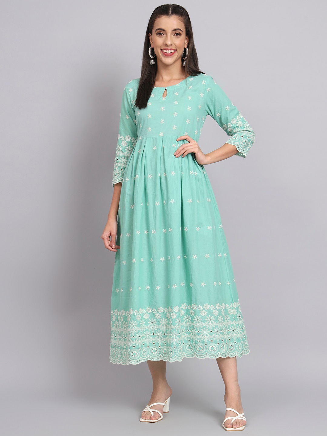 

RANGMAYEE Ethnic Motifs Shiffli Embroidered Cotton A-Line Ethnic Dress, Sea green