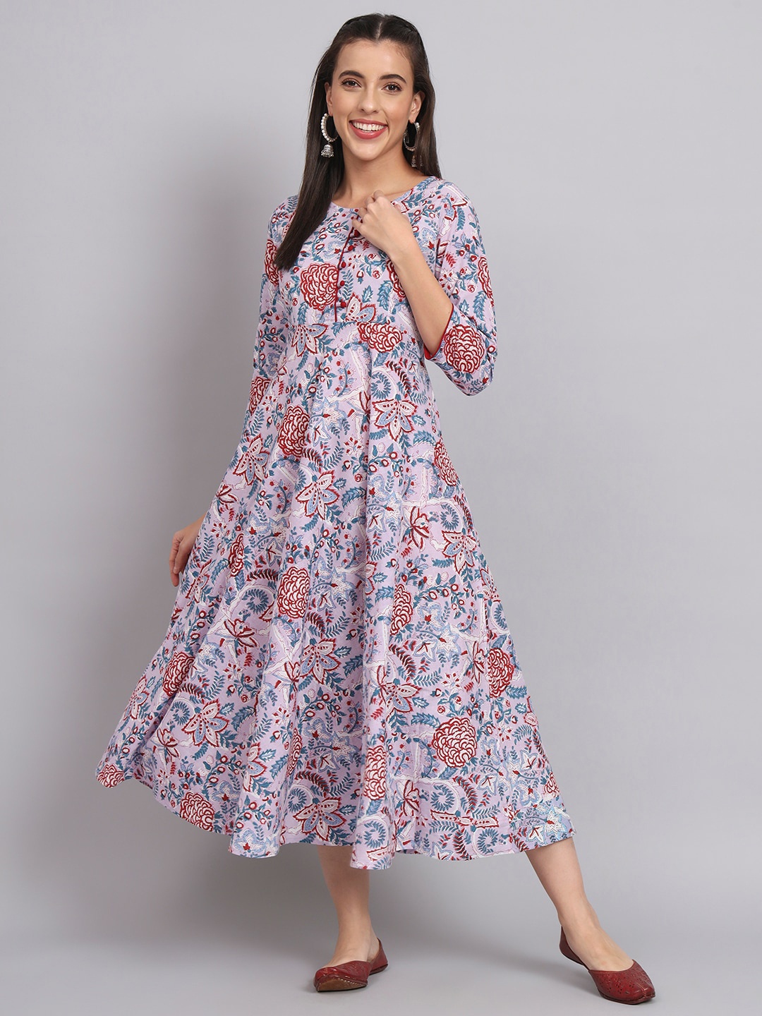 

RANGMAYEE Ethnic Motif Printed Round Neck Cotton A-Line Midi Ethnic Dress, Lavender