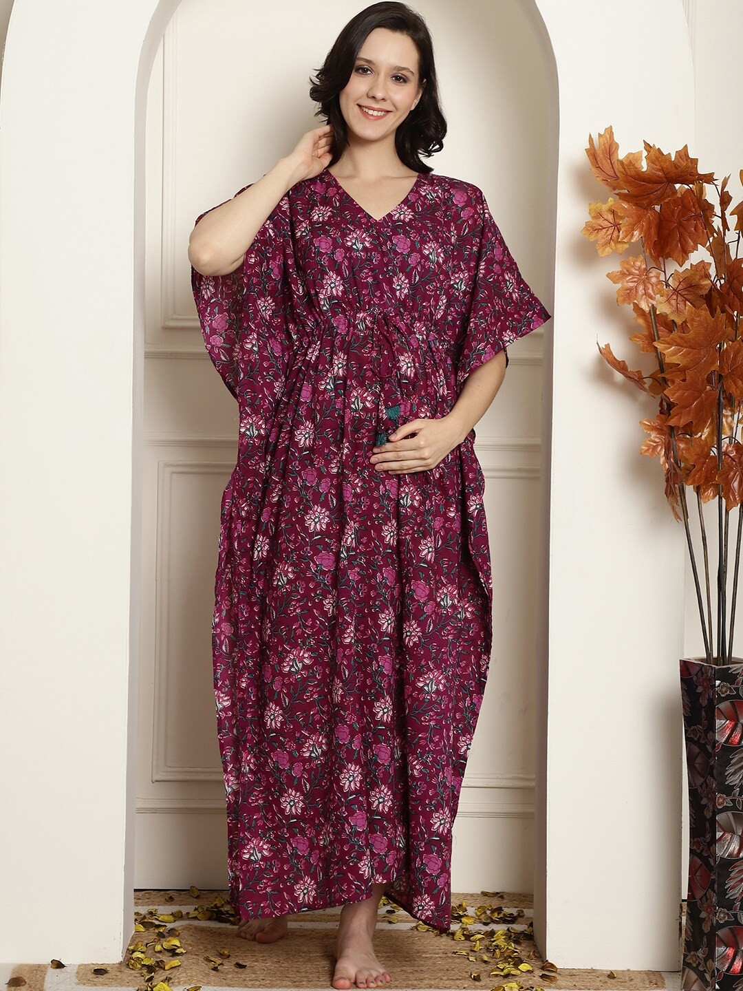 

Secret Wish Maternity Floral Printed Pure Cotton Maxi Kaftan Nightdress, Purple
