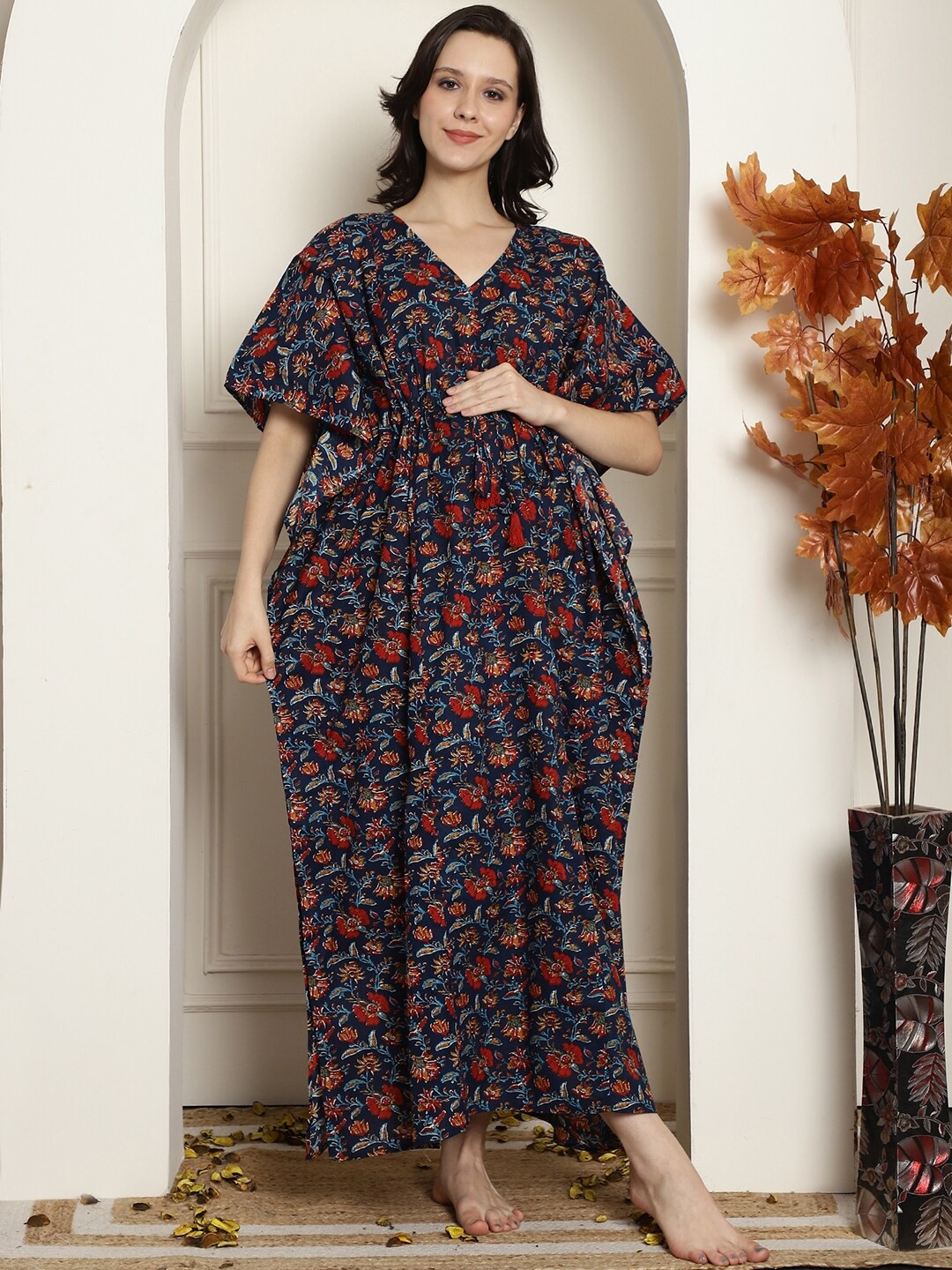 

Secret Wish Maternity Floral Printed Pure Cotton Maxi Kaftan Nightdress, Navy blue
