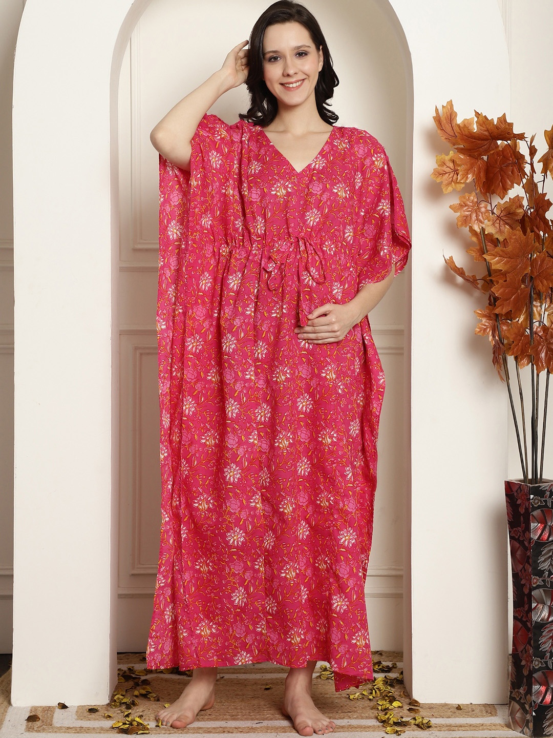 

Secret Wish Maternity Floral Printed Pure Cotton Maxi Kaftan Nightdress, Pink