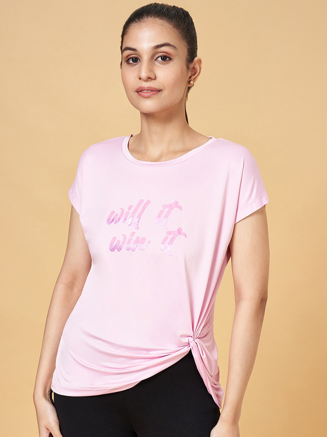

Ajile by Pantaloons Typography Printed Round Neck Extended Sleeves T-shirt, Pink