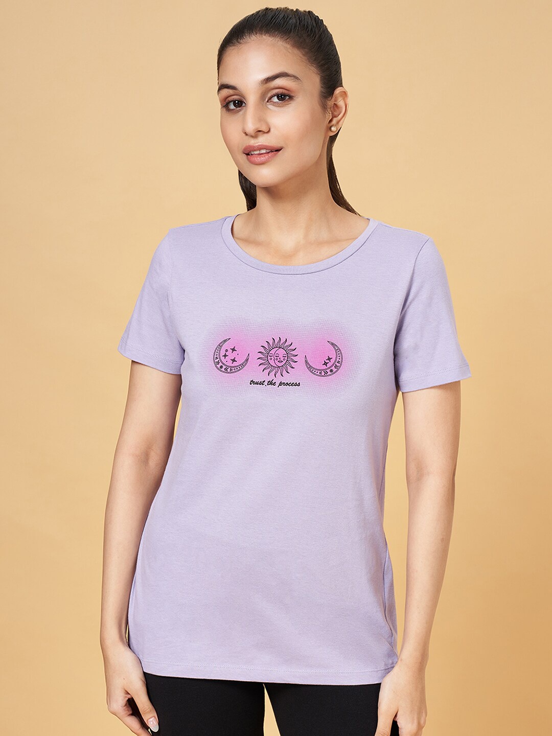 

Ajile by Pantaloons Graphic Printed Round Neck Cotton T-shirt, Lavender
