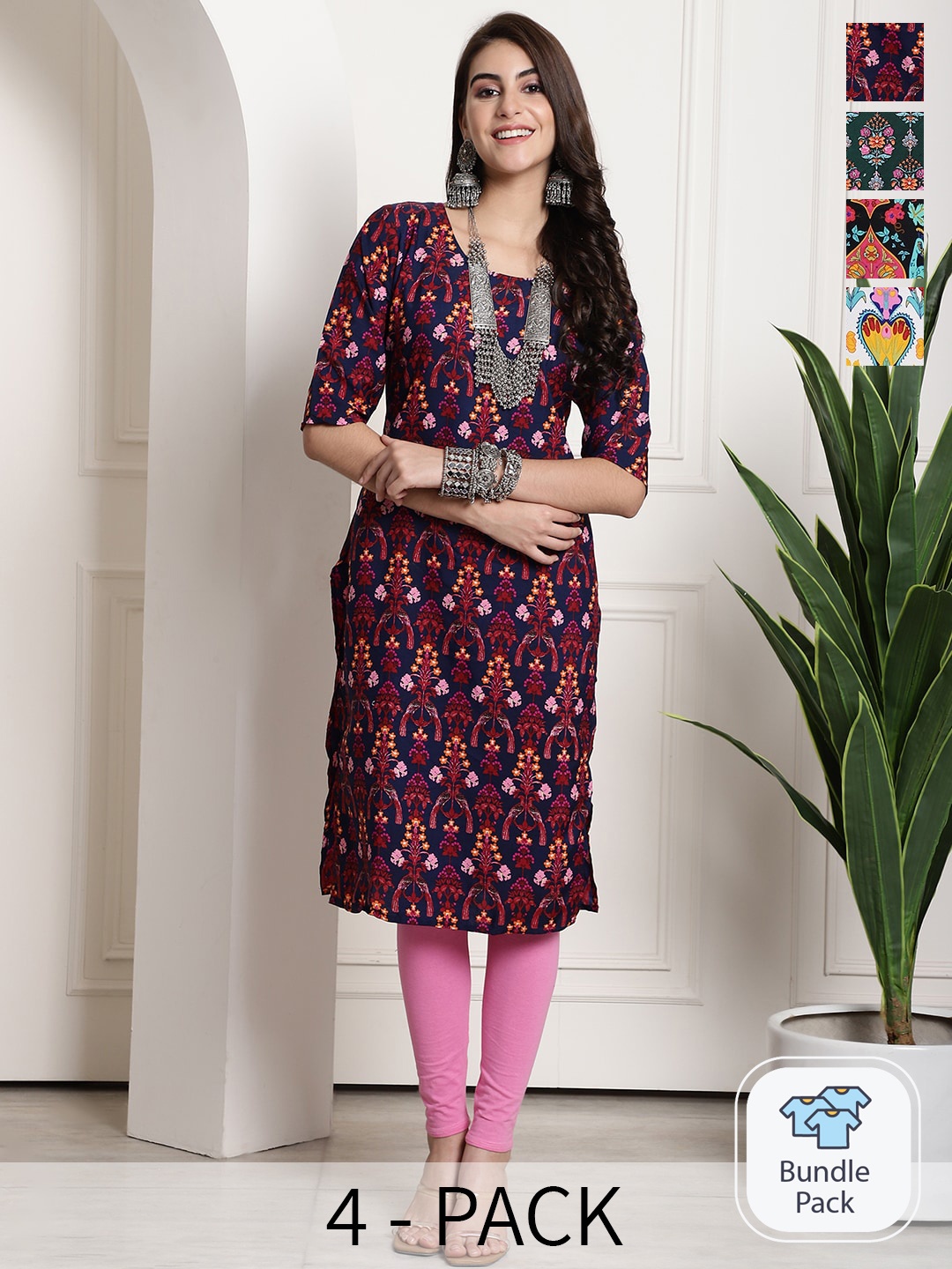 

7Threads Selection Of 4 Ethnic Motifs Printed Round Neck Straight Kurta, Purple