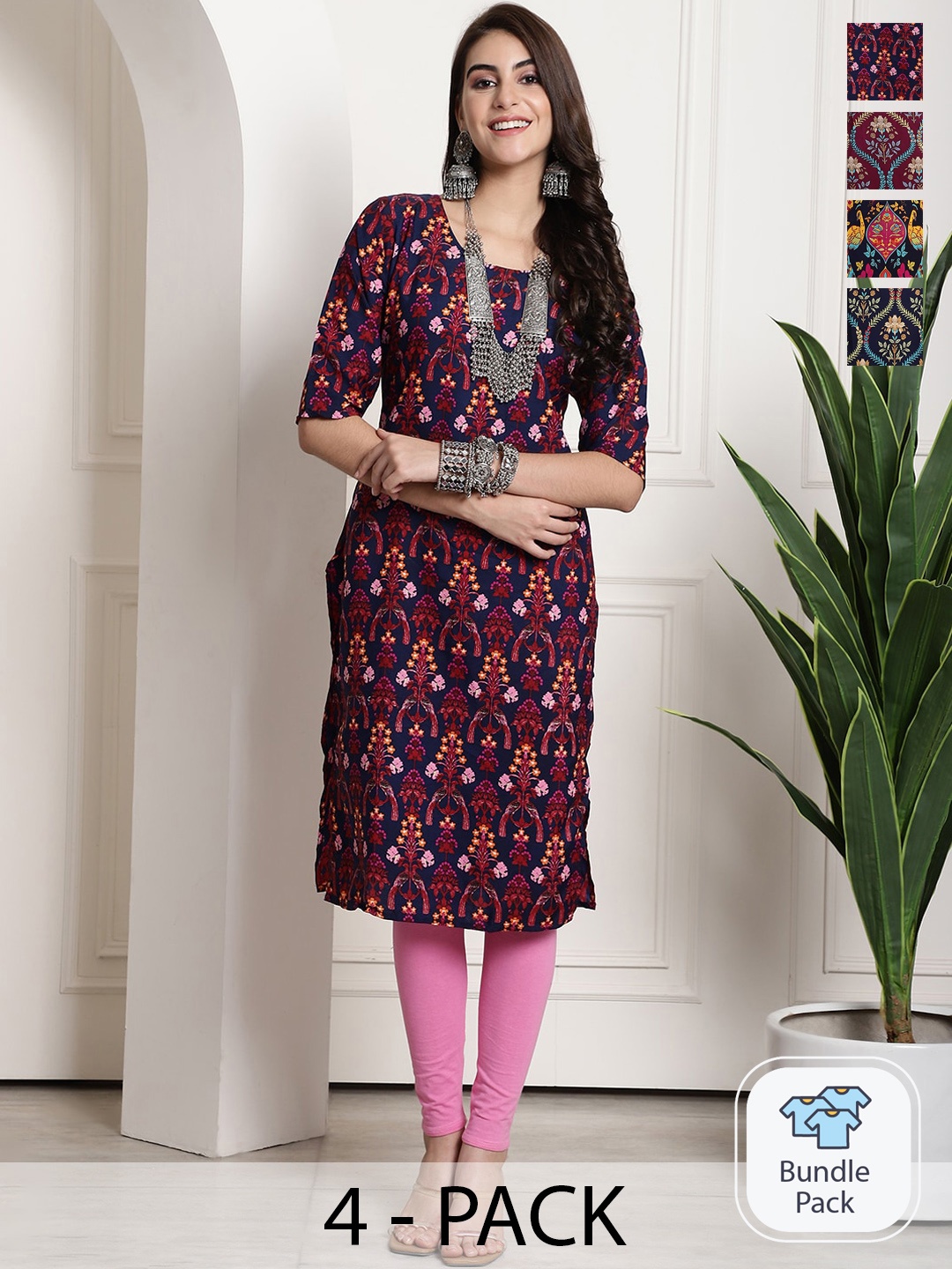 

7Threads Selection Of 4 Floral Printed Straight Kurtas, Red