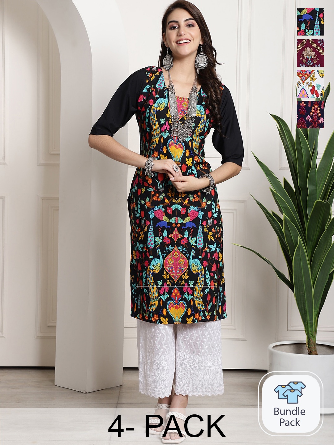 

7Threads Selection Of 4 Ethnic Motif Printed Straight Crepe Kurtas, Black