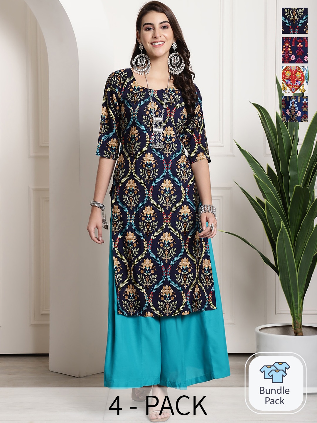 

7Threads Selection of 4 Ethnic Motif Printed Straight Crepe Kurtas, Navy blue