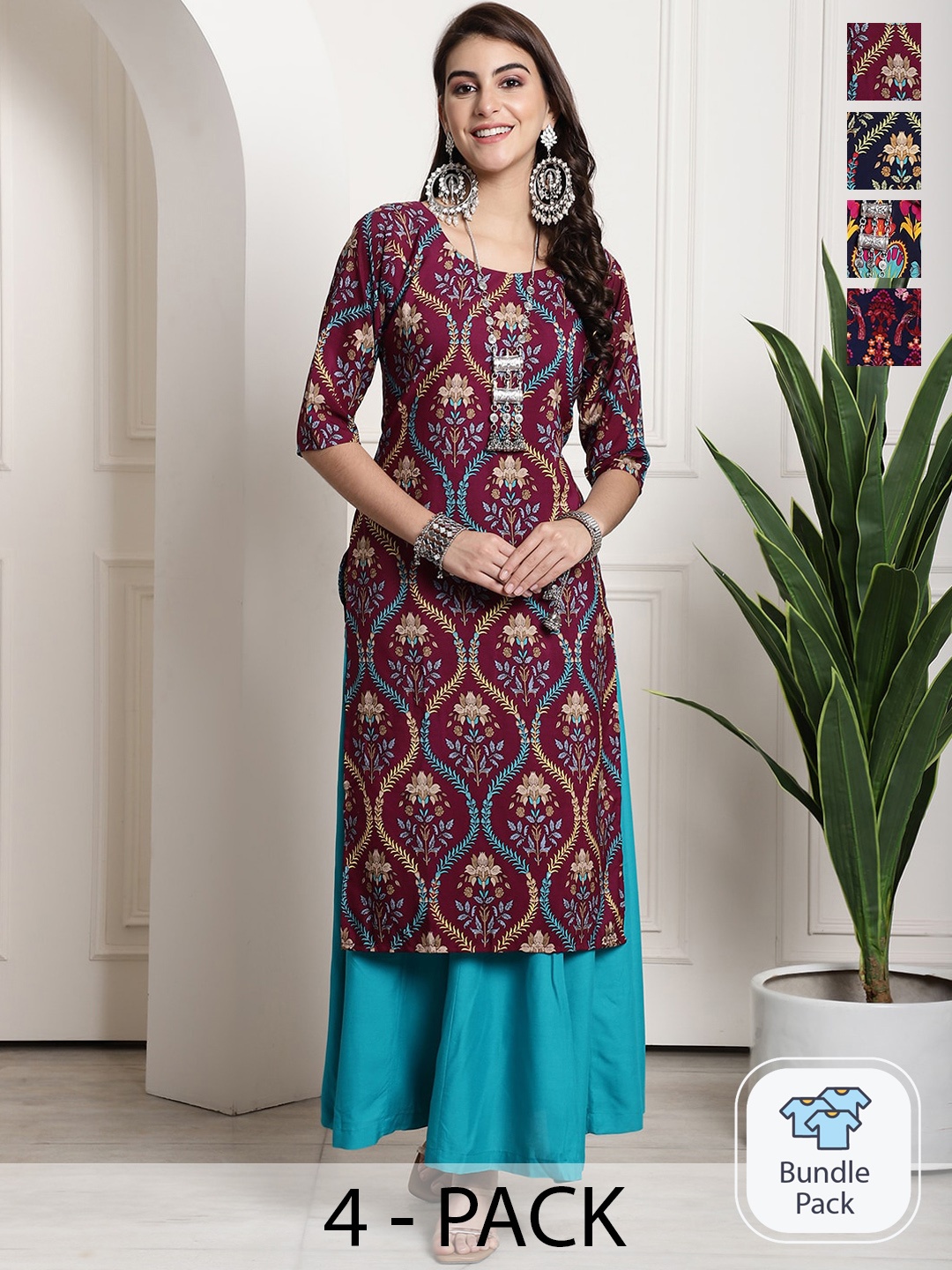 7Threads Selection Of 4 Printed Round Neck Kurtas, Maroon