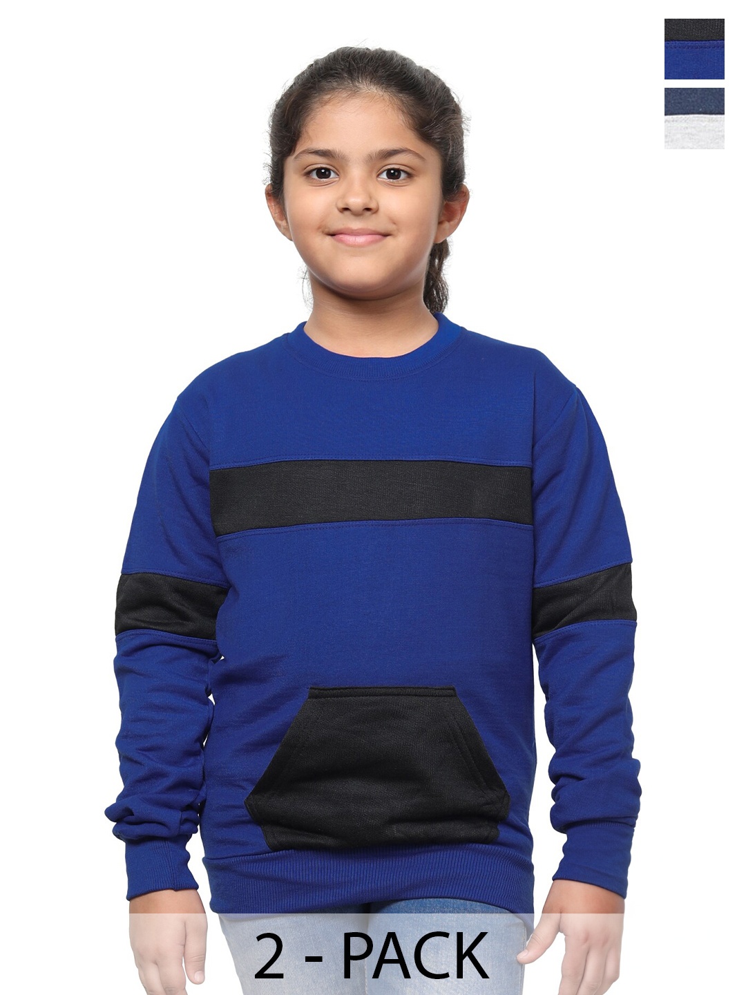 

IndiWeaves Girls Pack Of 2 Striped Fleece Pullover Sweatshirt, Blue