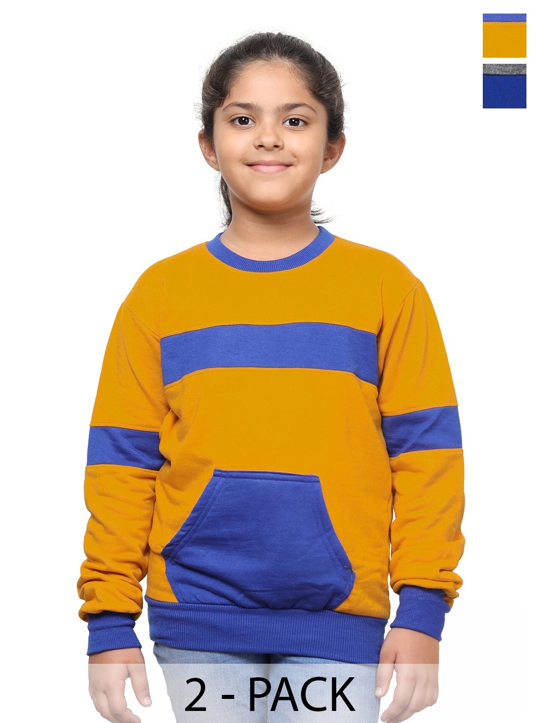 

IndiWeaves Girls Pack Of 2 Striped Fleece Sweatshirt, Mustard
