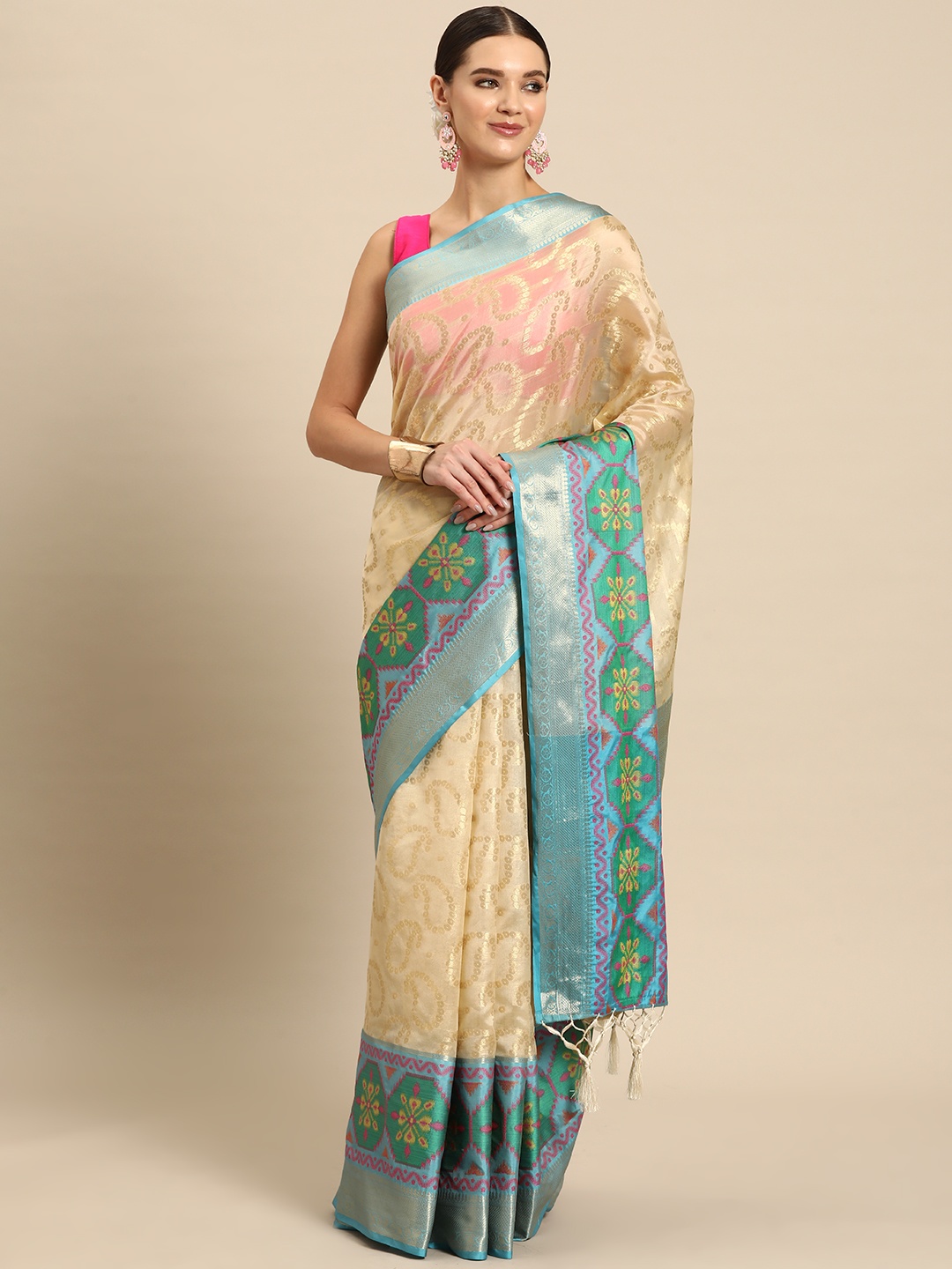 

JUST FASHION Paisley Zari Art Silk Patola Saree, Cream