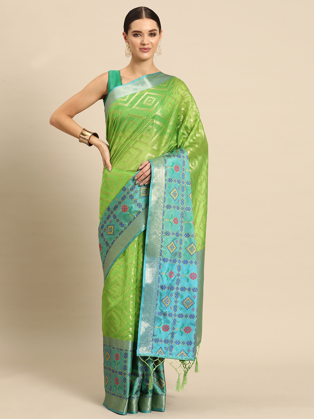 

JUST FASHION Zari Art Silk Patola Saree, Lime green