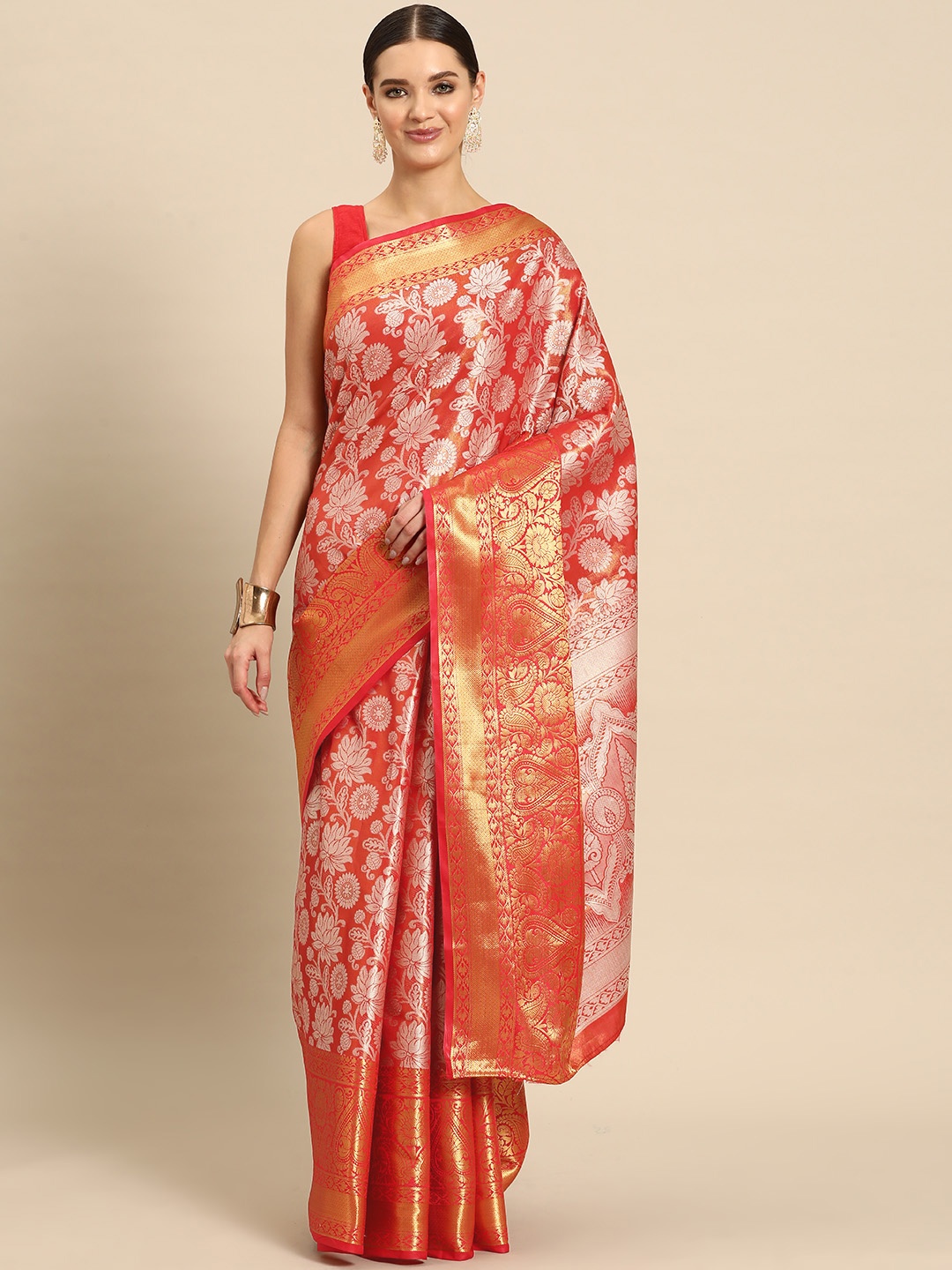 

JUST FASHION Floral Zari Art Silk Kanjeevaram Saree, Red
