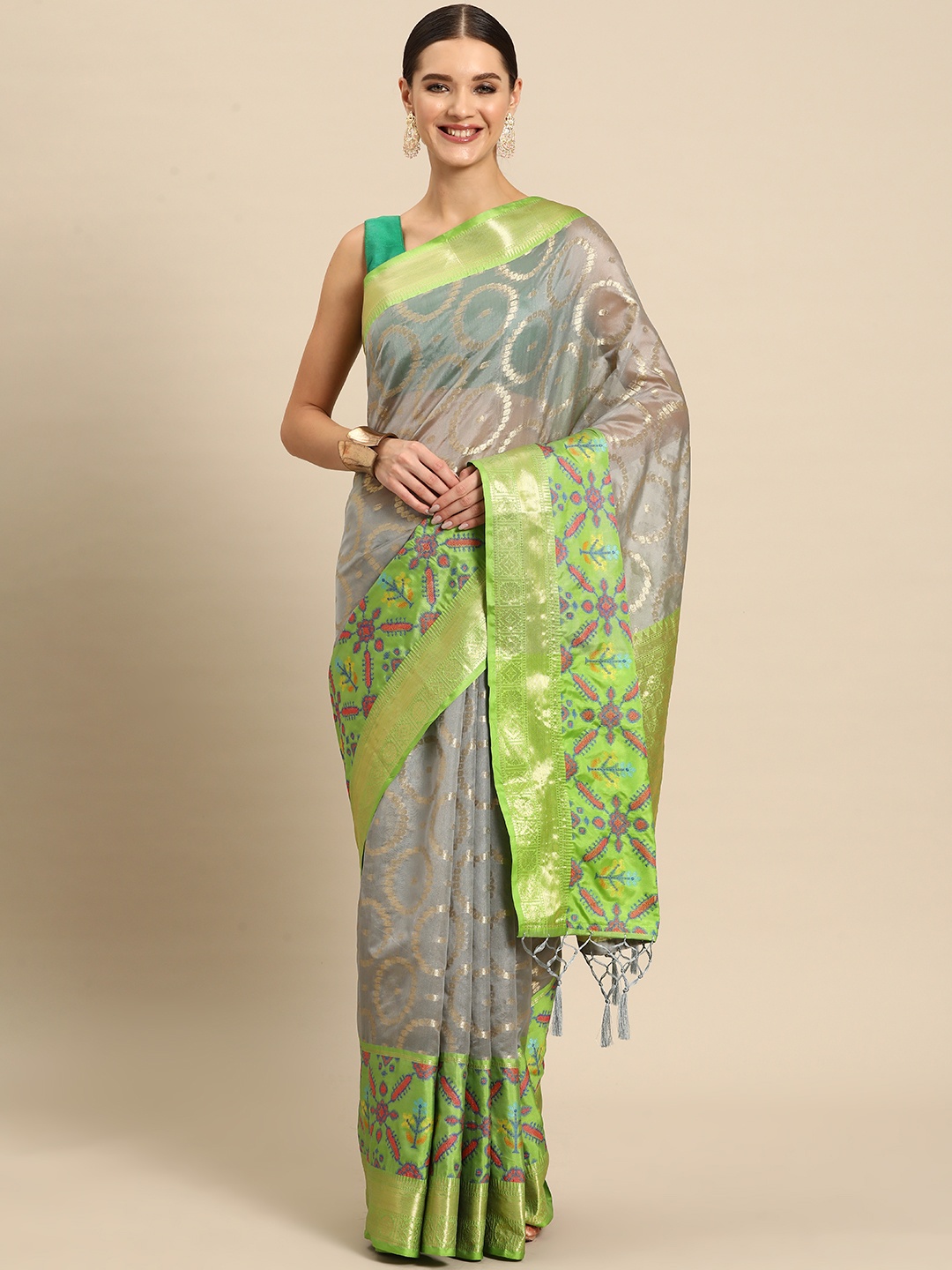 

JUST FASHION Zari Art Silk Patola Saree, Grey