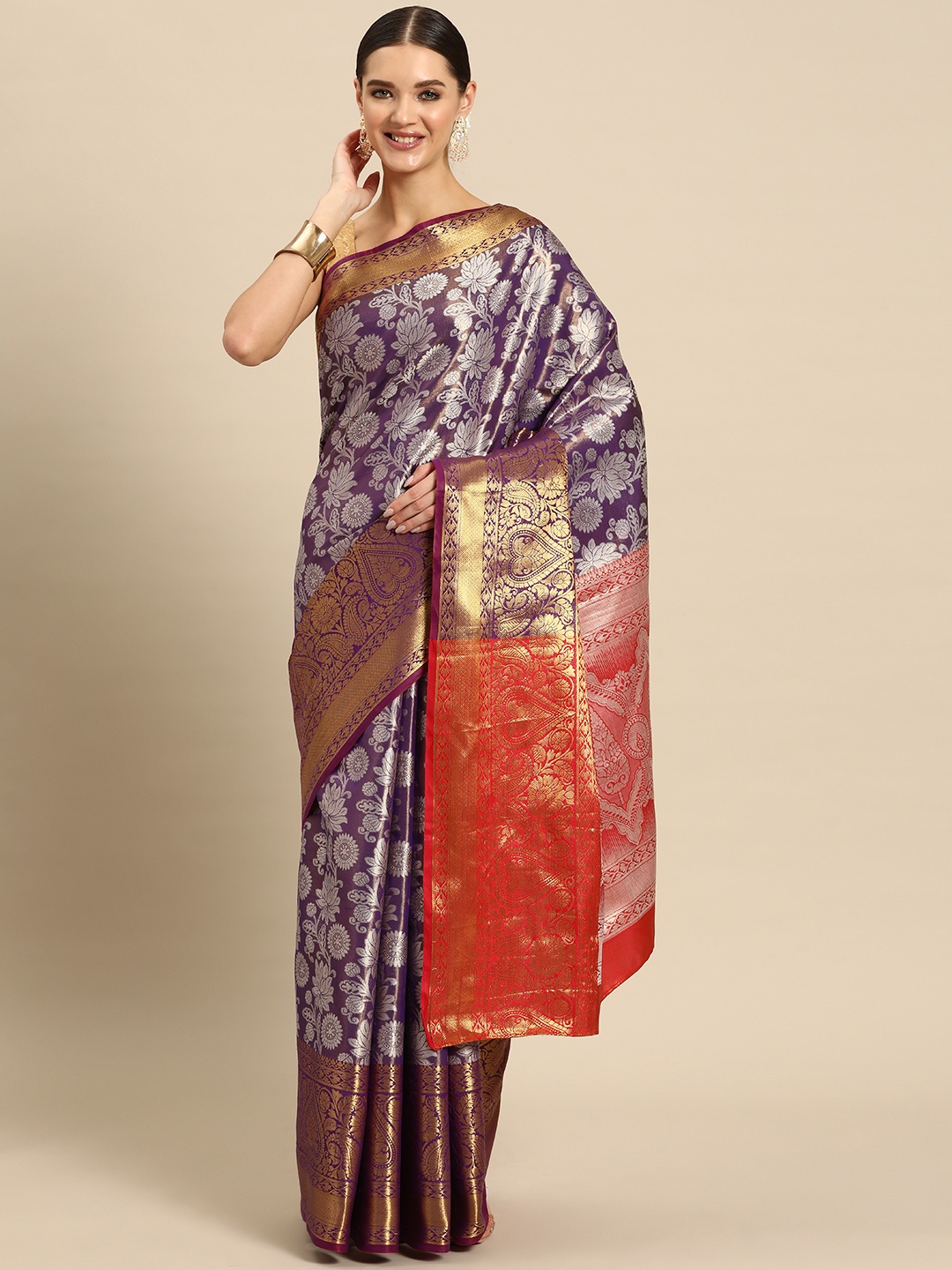 

JUST FASHION Floral Zari Art Silk Kanjeevaram Saree, Purple