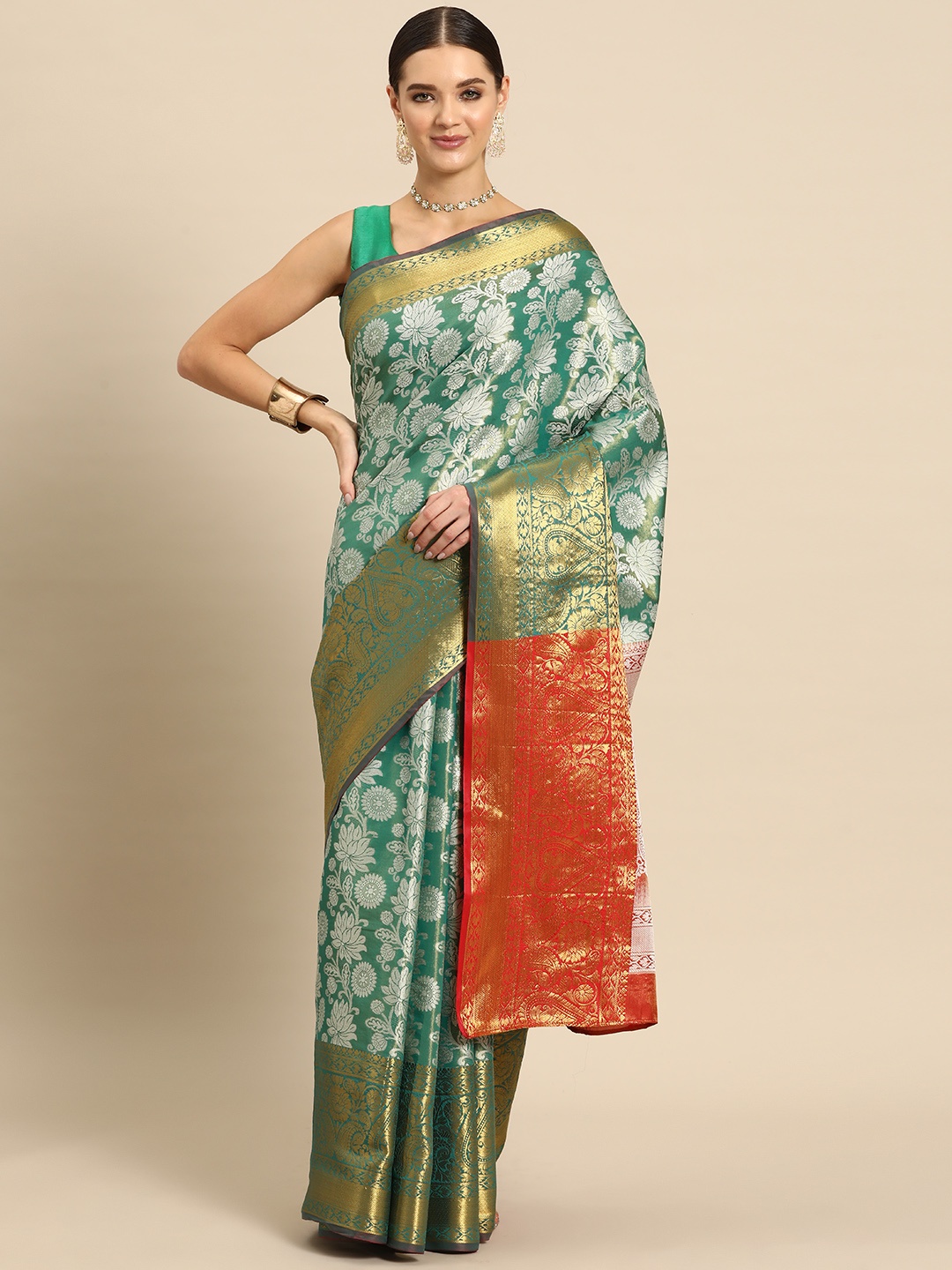 

JUST FASHION Floral Zari Art Silk Kanjeevaram Saree, Green