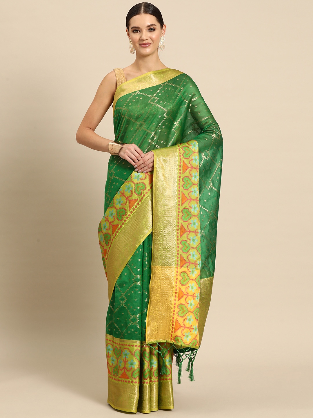 

JUST FASHION Woven Design Zari Art Silk Patola Saree, Green