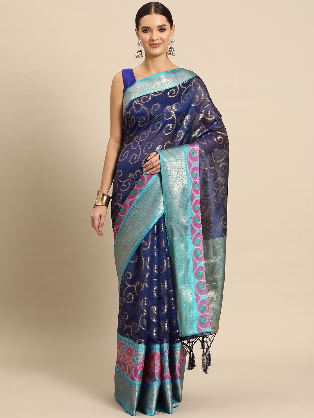 

JUST FASHION Ethnic Motifs Zari Art Silk Patola Saree, Navy blue