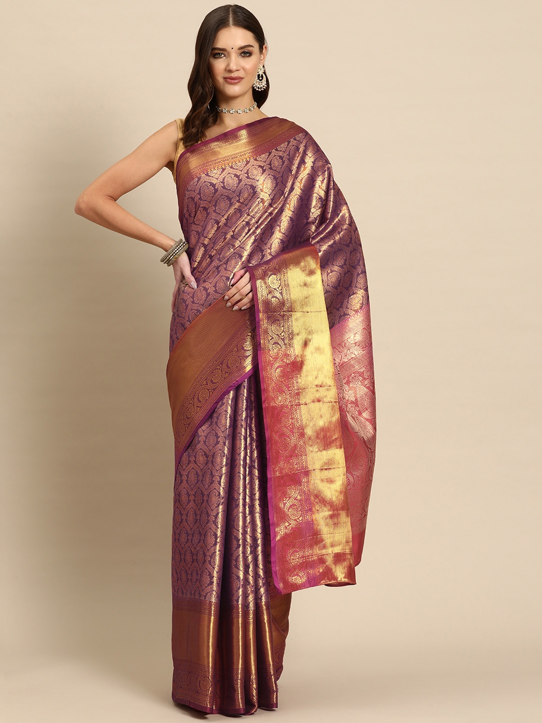 

JUST FASHION Ethnic Motifs Zari Art Silk Kanjeevaram Saree, Purple
