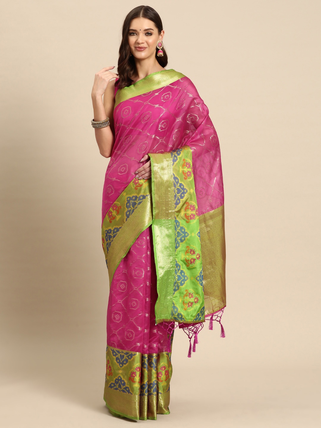 

JUST FASHION Zari Art Silk Patola Saree, Pink