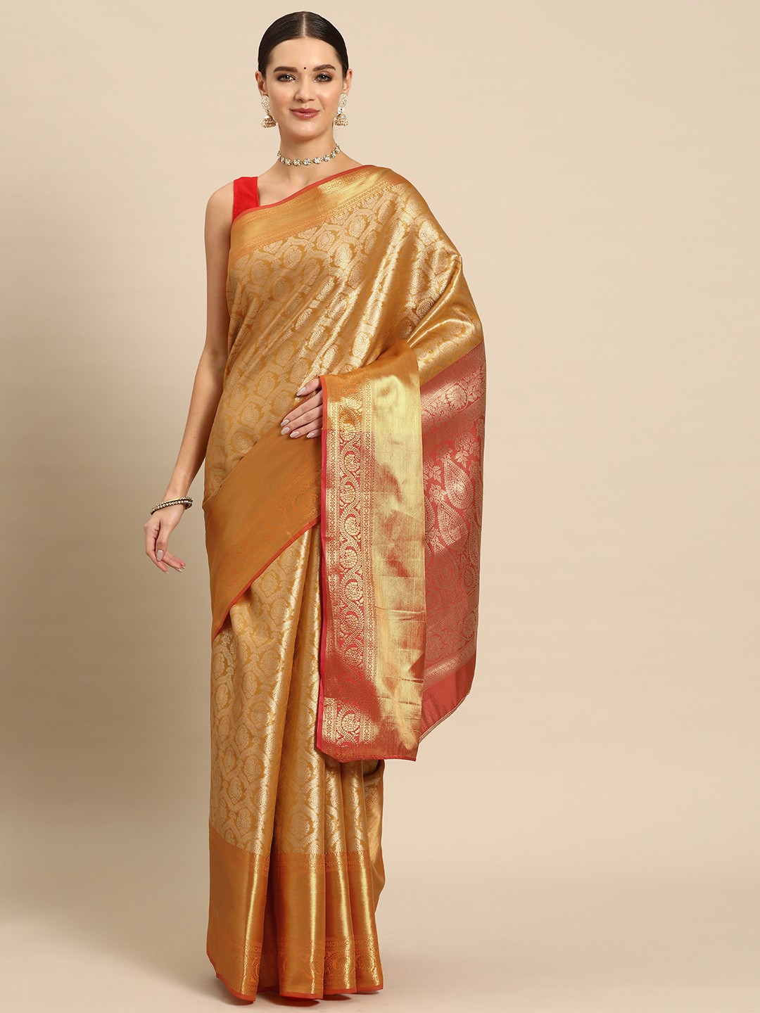 

JUST FASHION Ethnic Motifs Zari Art Silk Kanjeevaram Saree, Orange