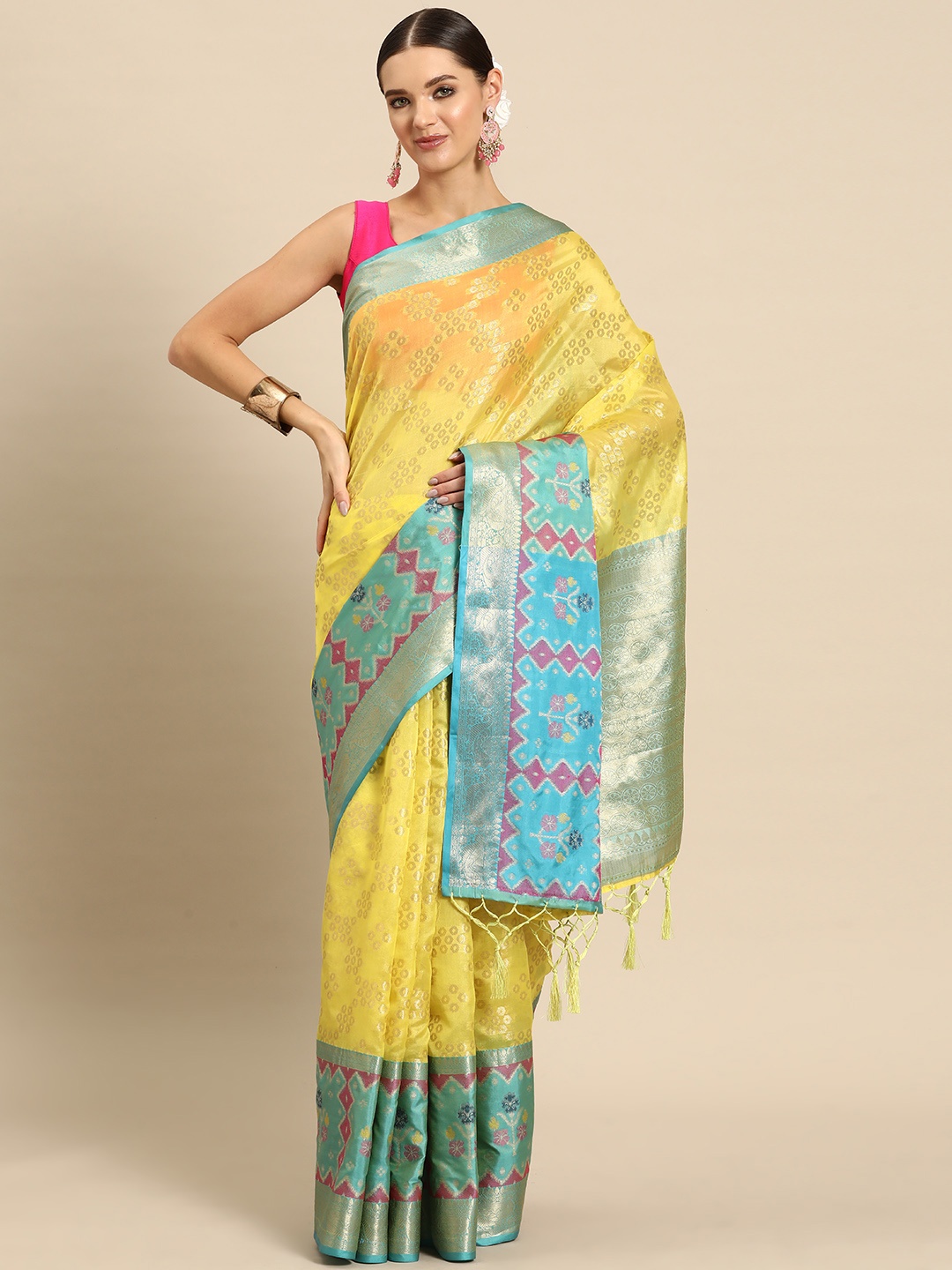 

JUST FASHION Floral Zari Art Silk Patola Saree, Yellow