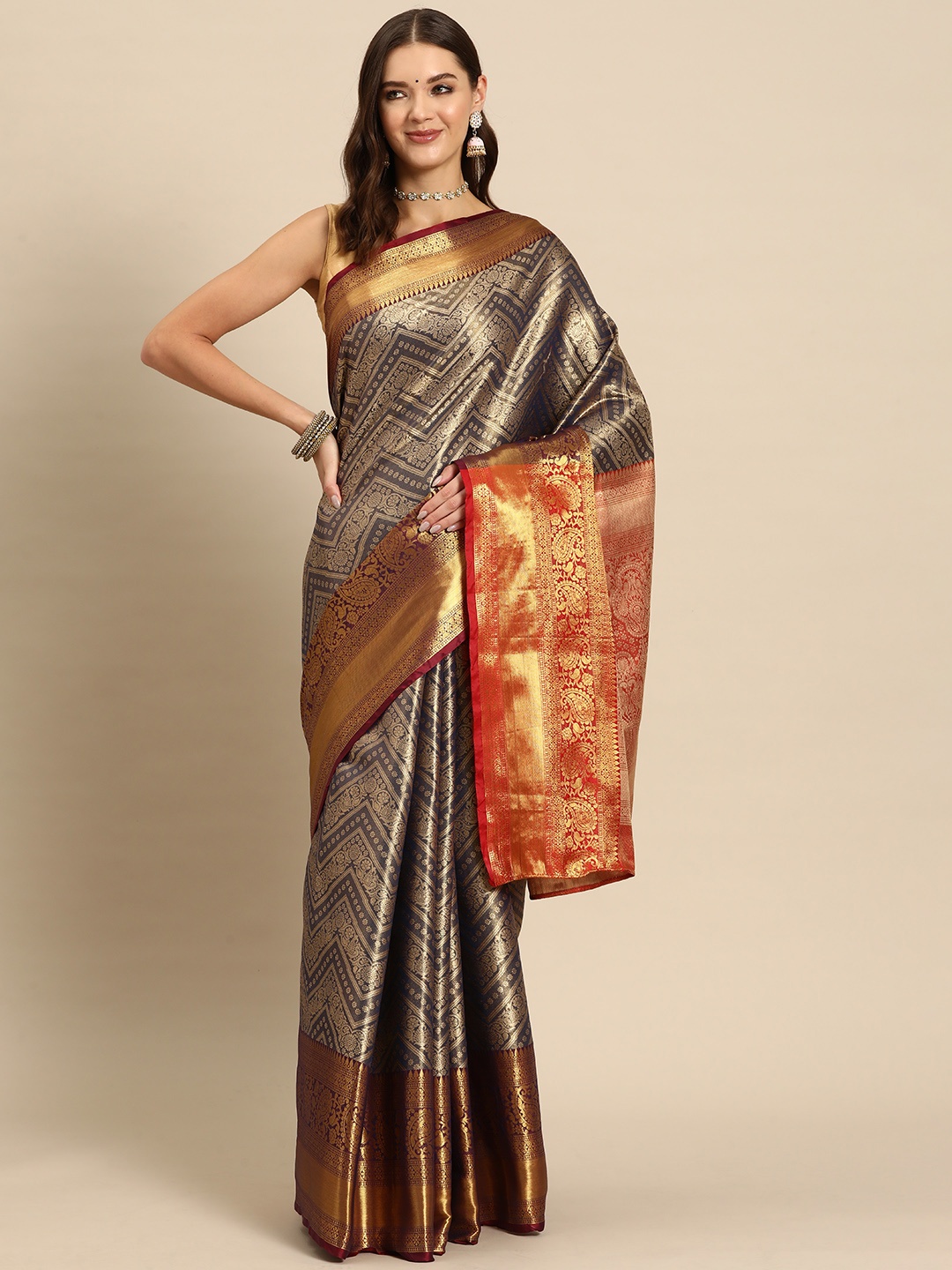 

JUST FASHION Ethnic Motifs Zari Art Silk Kanjeevaram Saree, Navy blue