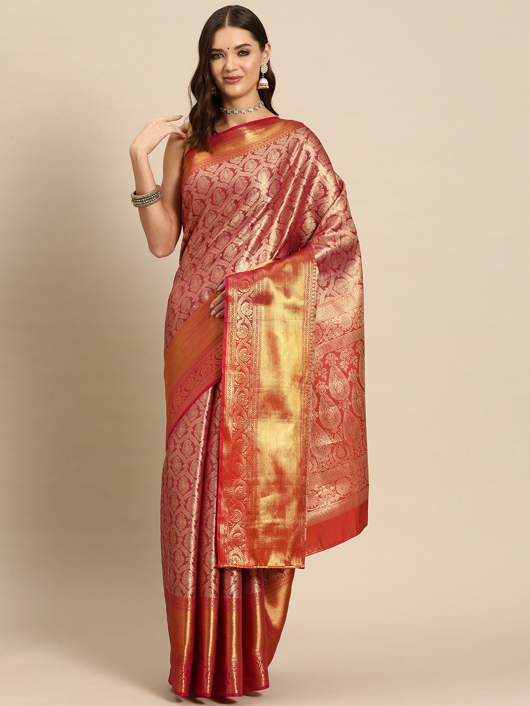 

JUST FASHION Ethnic Motifs Zari Art Silk Kanjeevaram Saree, Pink
