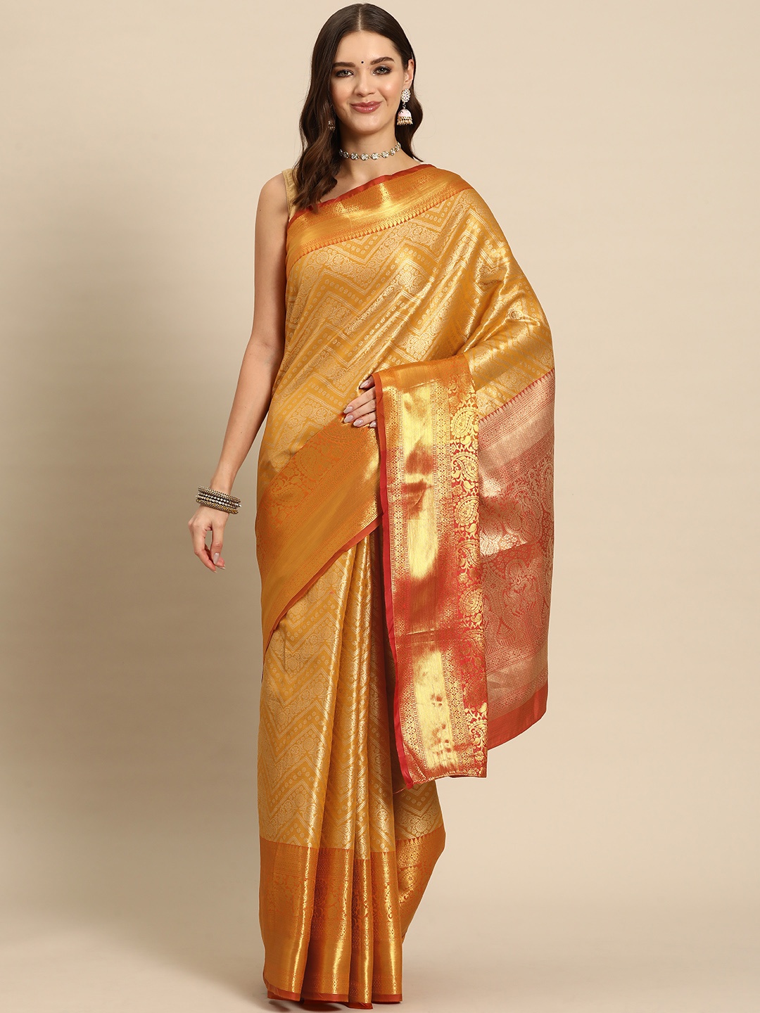 

JUST FASHION Ethnic Motifs Zari Art Silk Kanjeevaram Saree, Orange