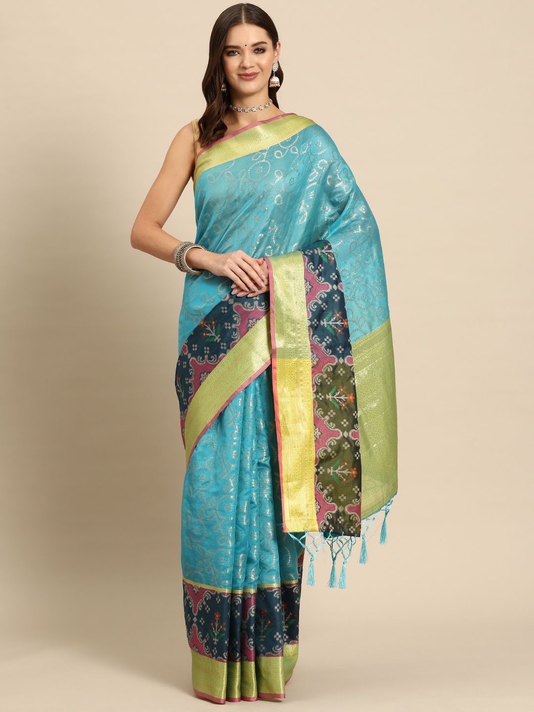 

JUST FASHION Ethnic Motifs Zari Art Silk Patola Saree, Turquoise blue