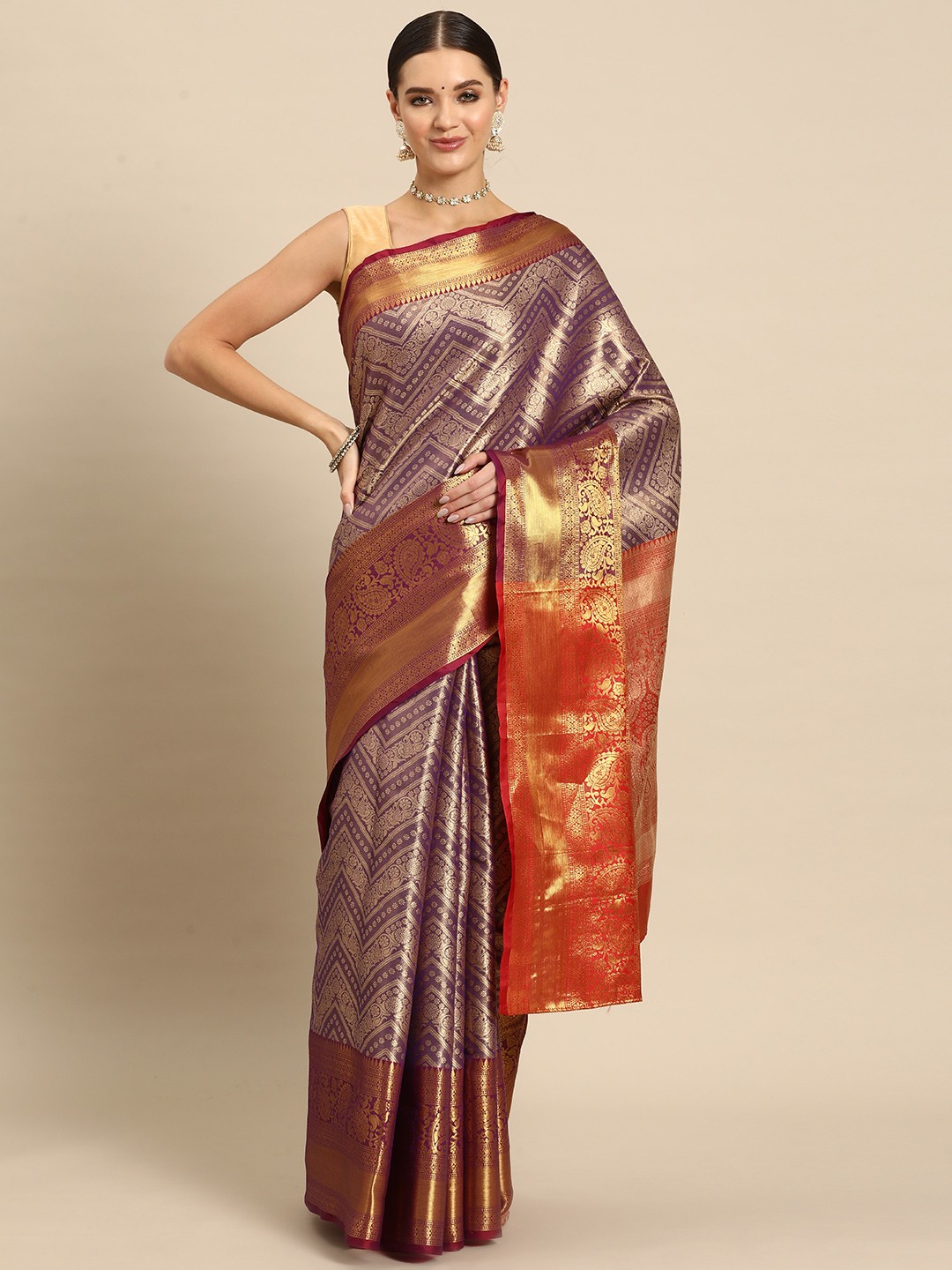 

JUST FASHION Ethnic Motifs Zari Art Silk Kanjeevaram Saree, Purple