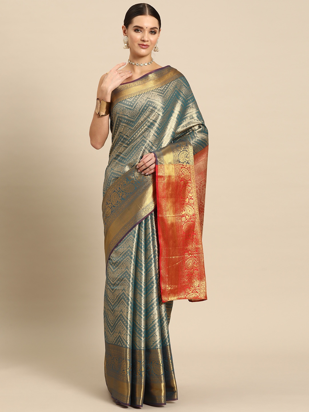 

JUST FASHION Ethnic Motifs Zari Art Silk Kanjeevaram Saree, Teal