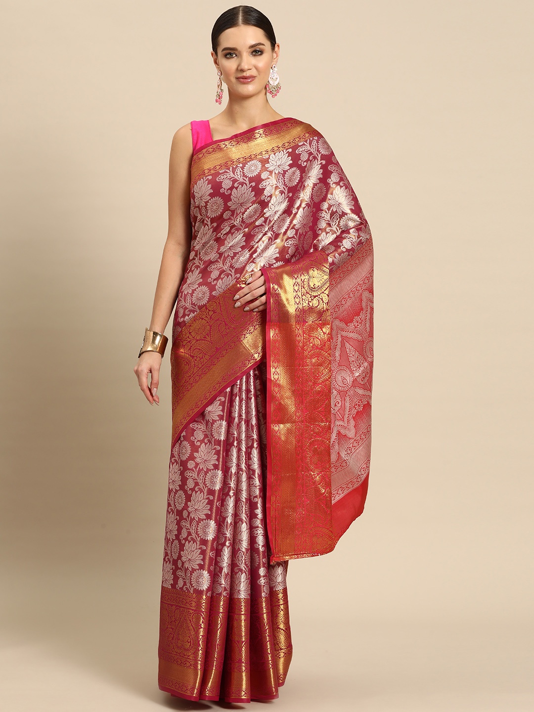 

JUST FASHION Floral Zari Art Silk Kanjeevaram Saree, Pink