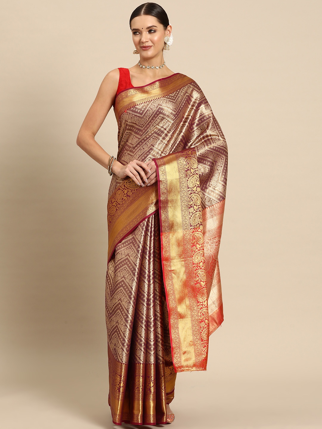 

JUST FASHION Ethnic Motifs Zari Art Silk Kanjeevaram Saree, Burgundy