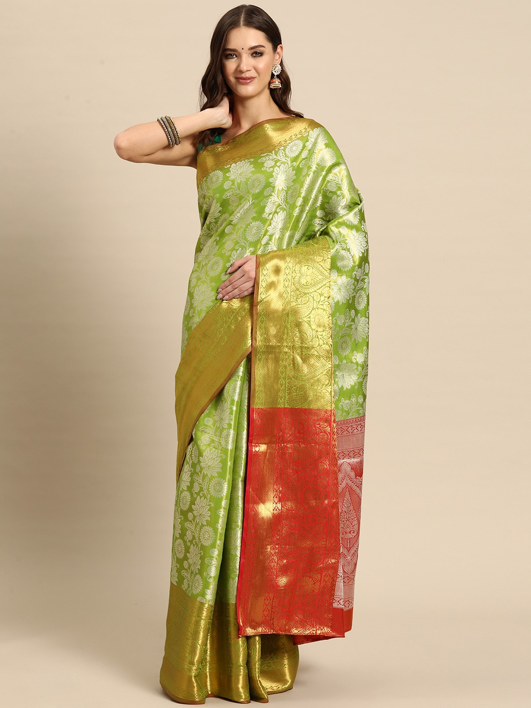 

JUST FASHION Floral Zari Art Silk Kanjeevaram Saree, Green