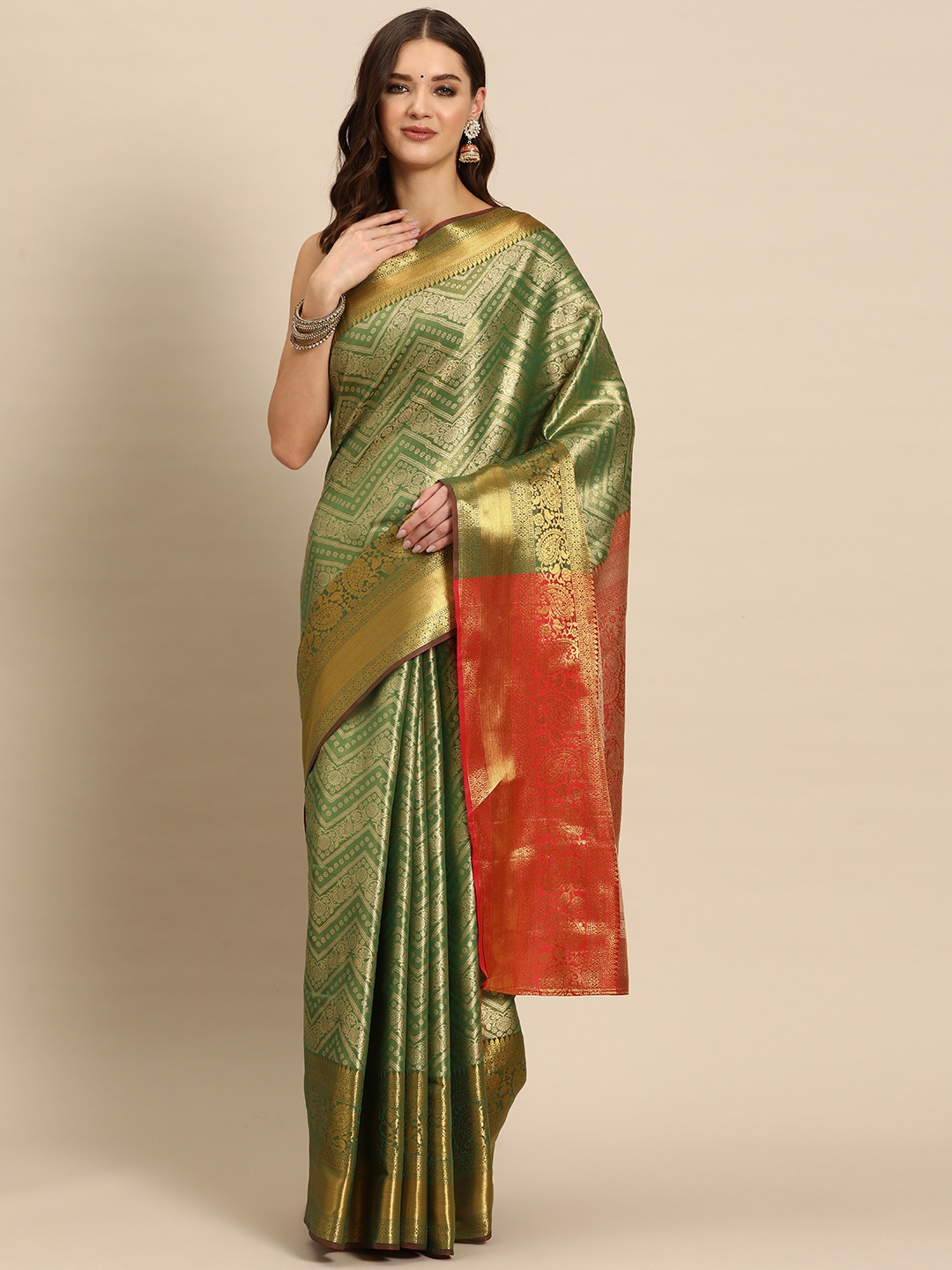 

JUST FASHION Ethnic Motifs Zari Art Silk Kanjeevaram Saree, Green