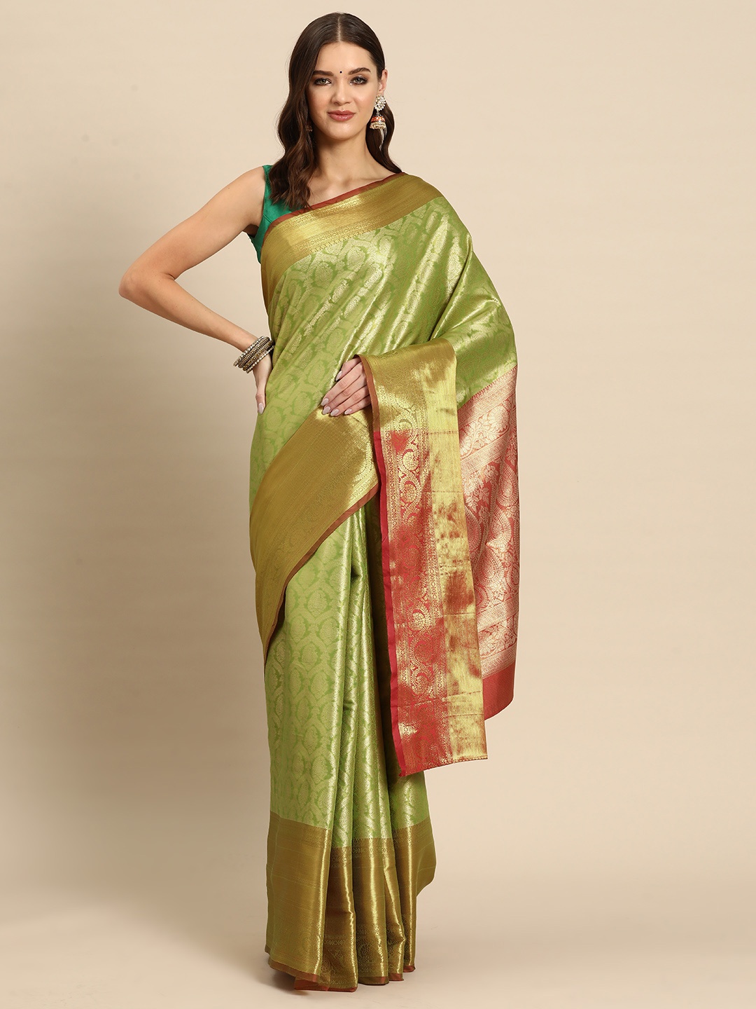 

JUST FASHION Ethnic Motifs Zari Art Silk Kanjeevaram Saree, Green