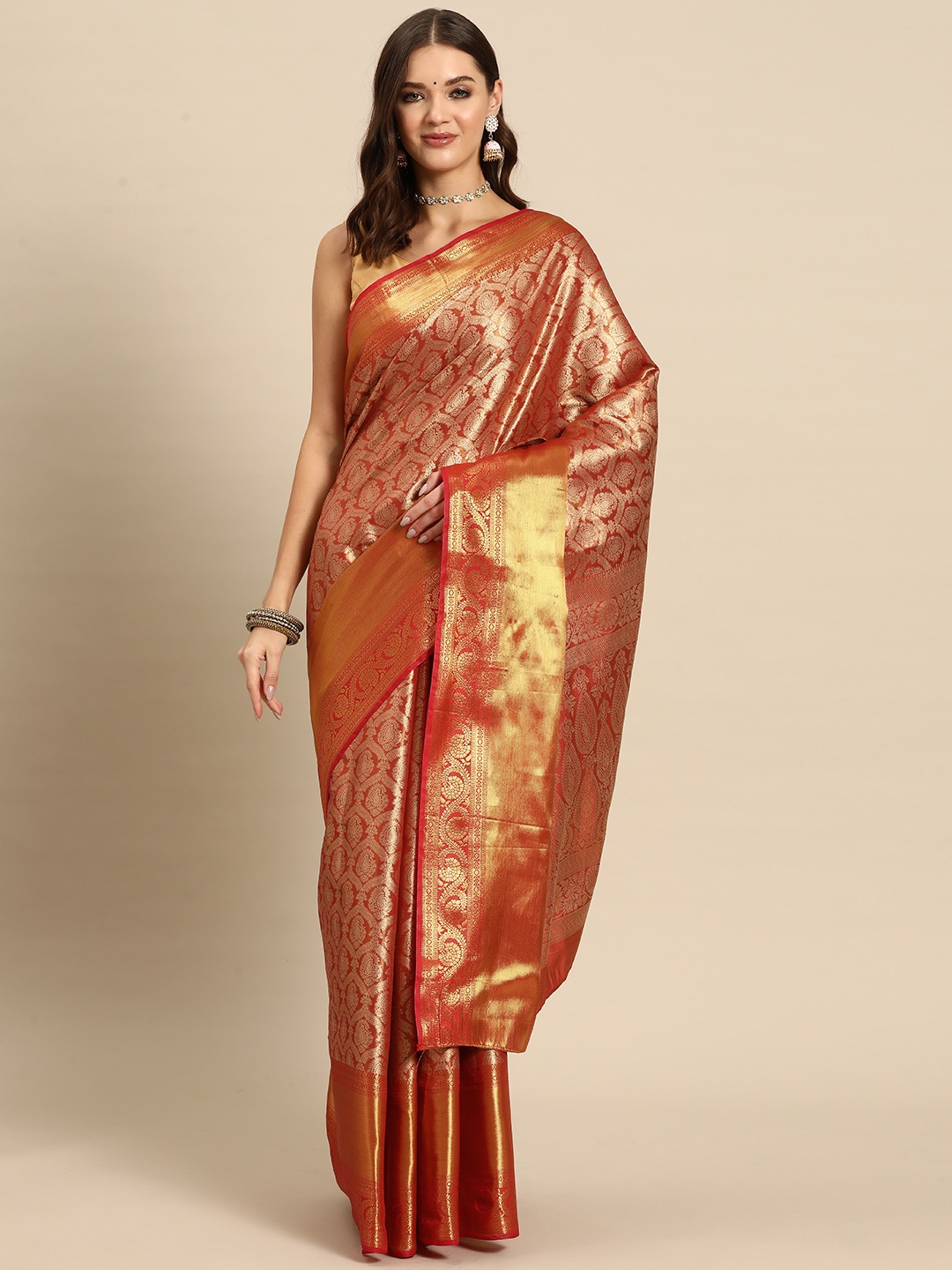 

JUST FASHION Ethnic Motifs Zari Art Silk Kanjeevaram Saree, Red