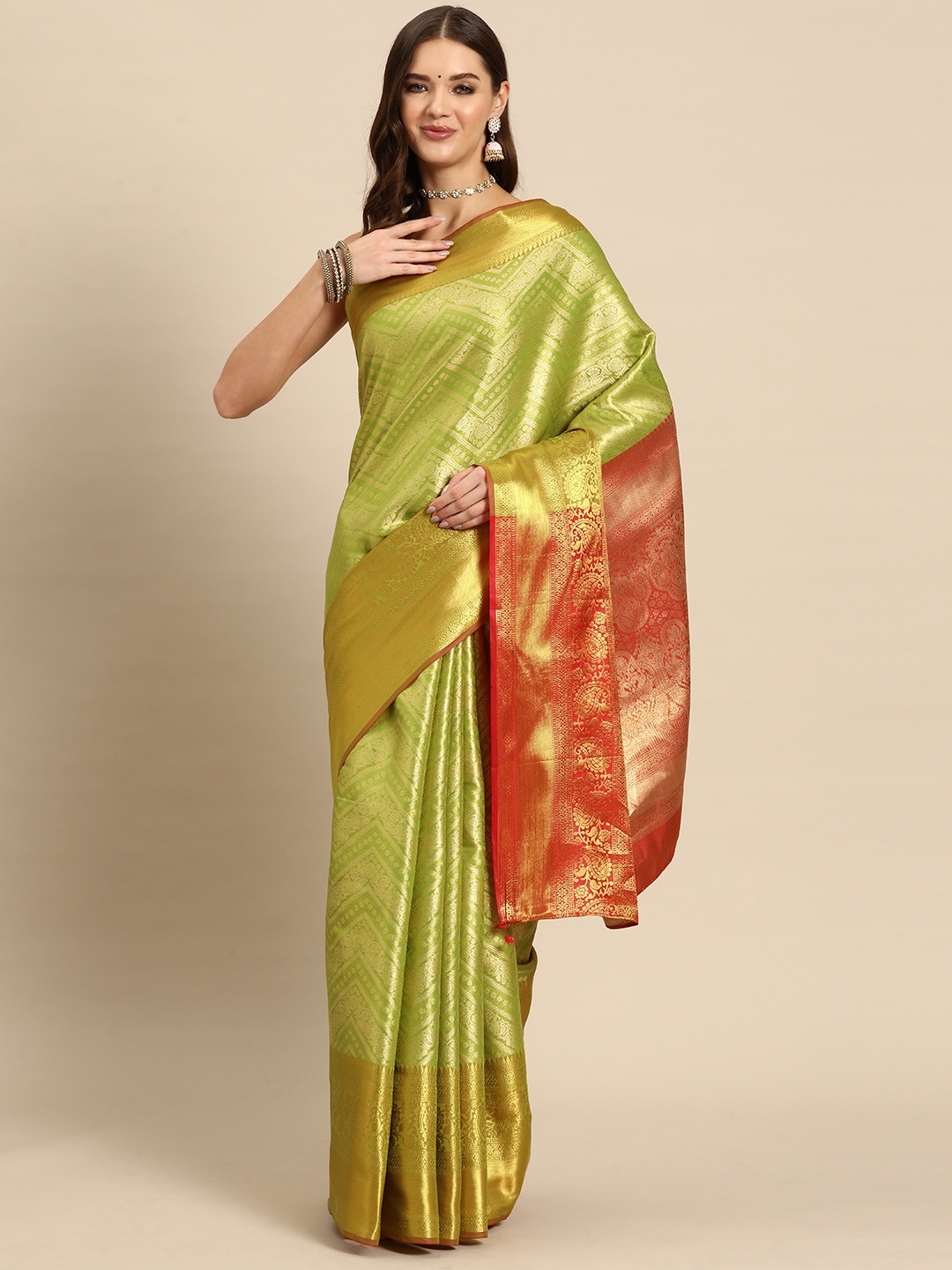 

JUST FASHION Ethnic Motifs Zari Art Silk Kanjeevaram Saree, Lime green