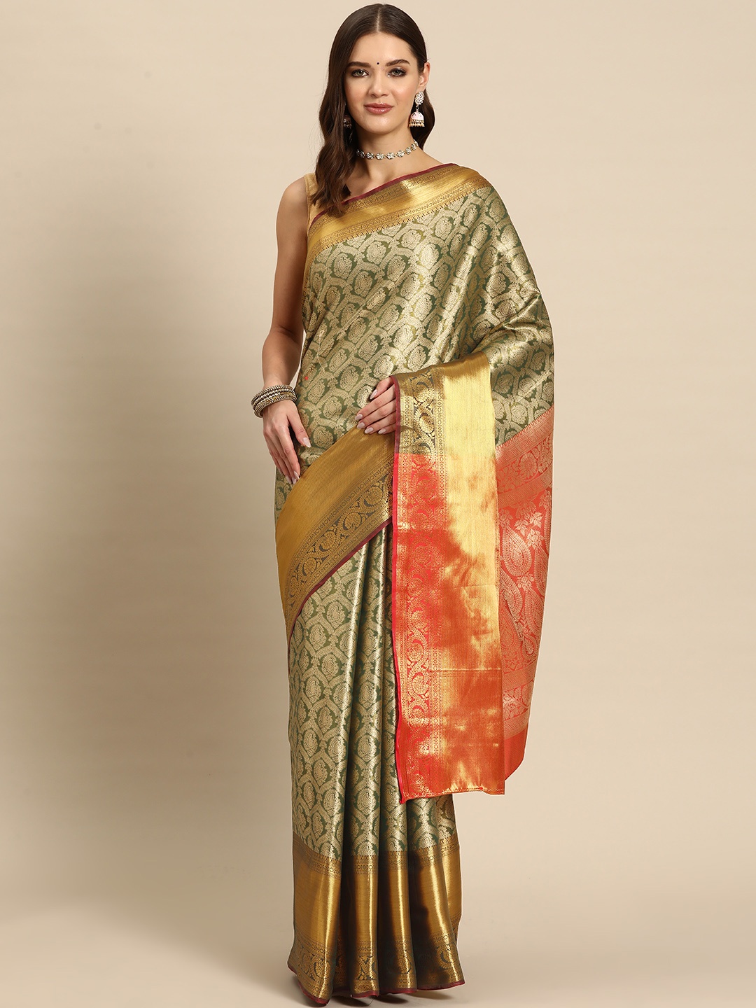 

JUST FASHION Ethnic Motifs Zari Art Silk Kanjeevaram Saree, Olive