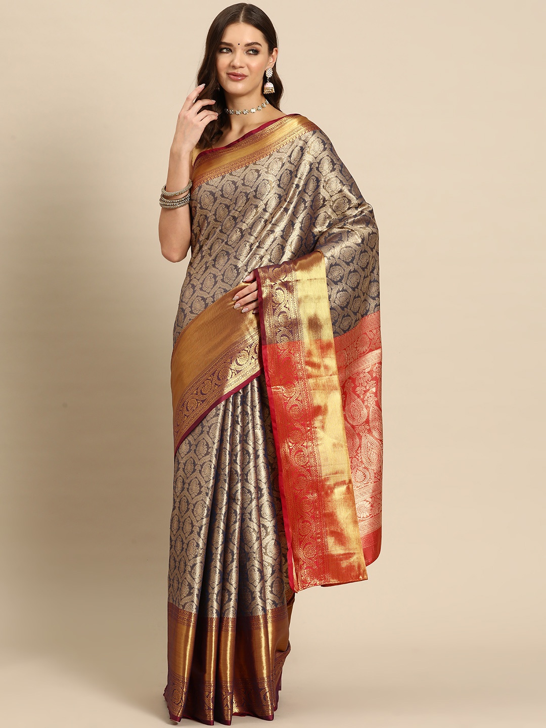 

JUST FASHION Ethnic Motifs Zari Kanjeevaram Saree, Navy blue