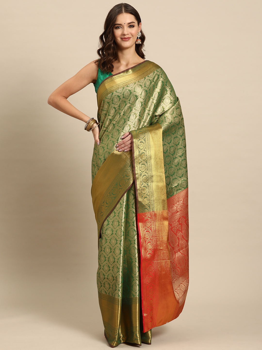 

JUST FASHION Ethnic Motifs Zari Kanjeevaram Saree, Green