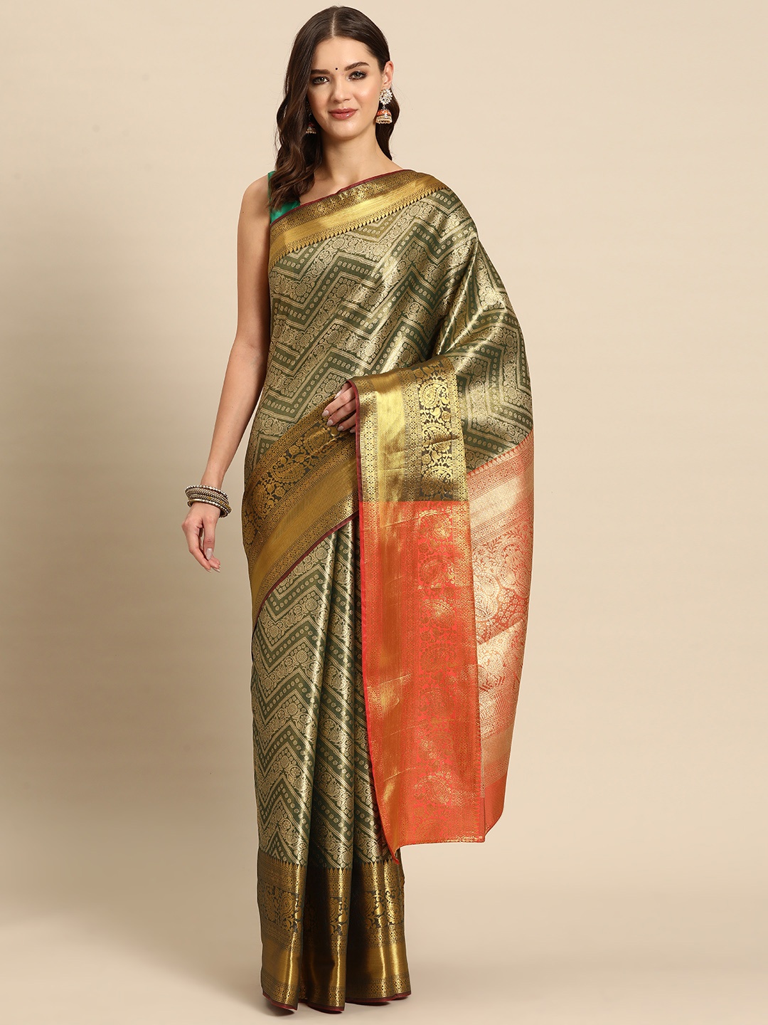 

JUST FASHION Geometric Zari Kanjeevaram Saree, Olive