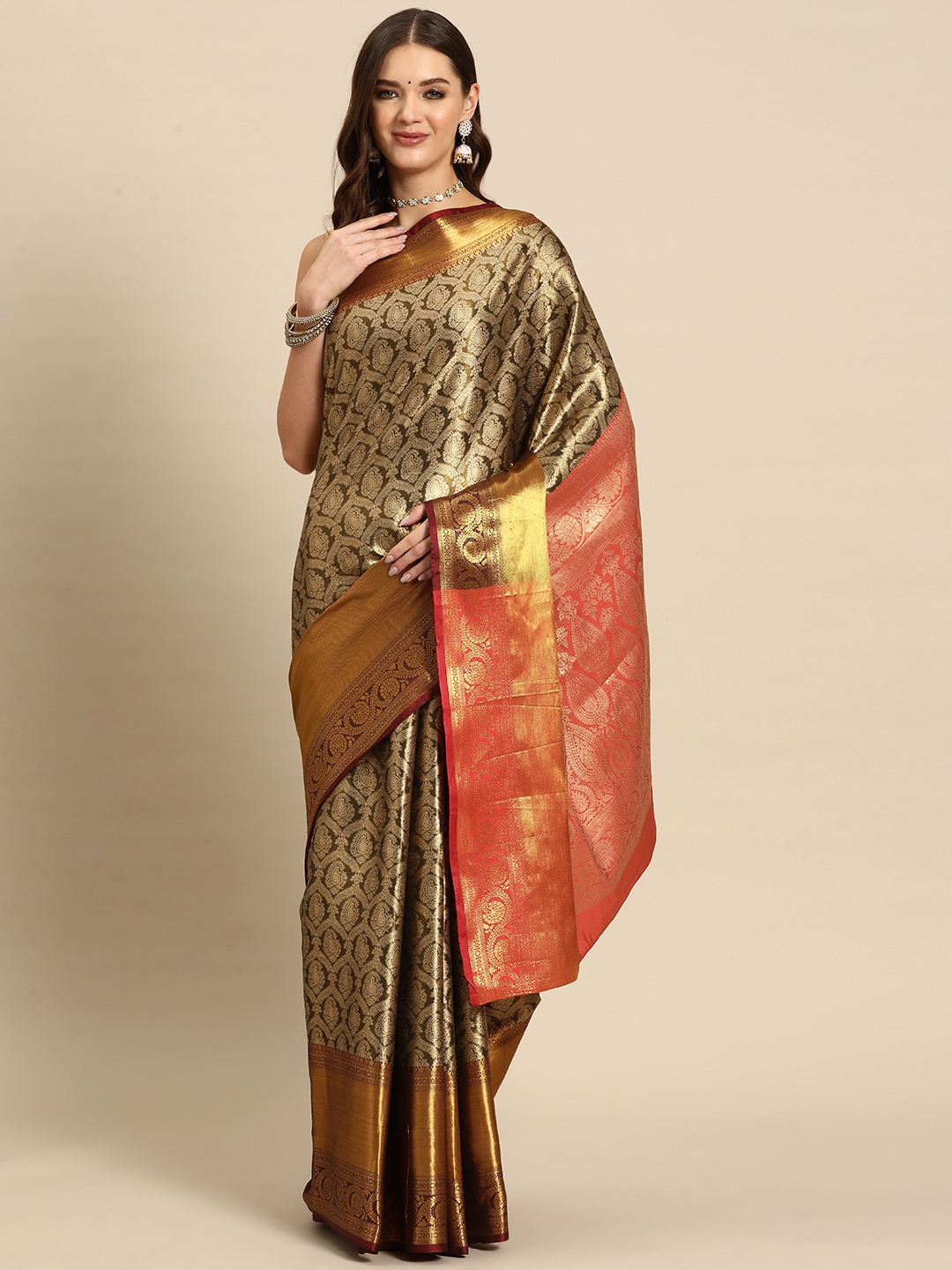 

JUST FASHION Ethnic Motifs Zari Kanjeevaram Saree, Black