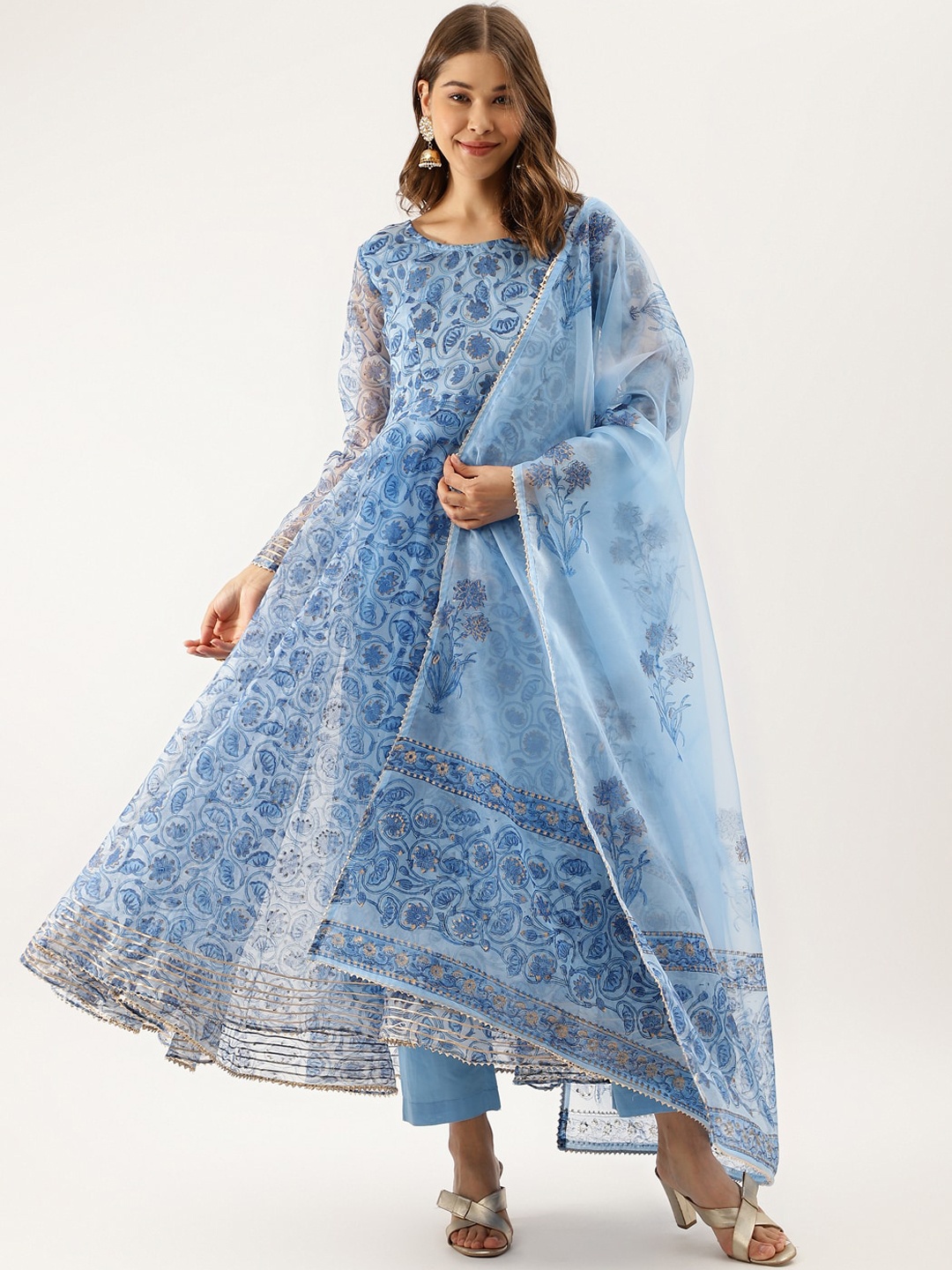 

Divena Floral Printed Regular Gotta Patti Anarkali Kurta With Trousers & With Dupatta, Blue