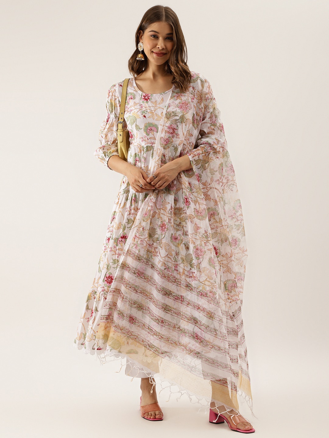 

Divena Floral Printed Regular Pure Cotton Kurta With Trousers & Dupatta, White